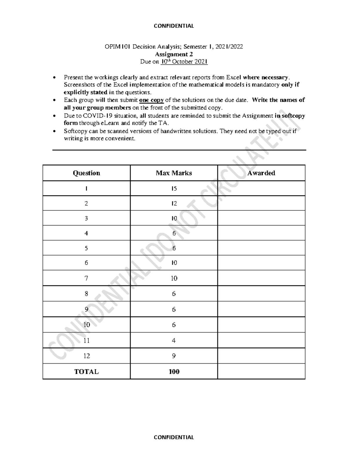 Assignment 2 2021 Questions - OPIM101 Decision Analysis; Semester 1 ...