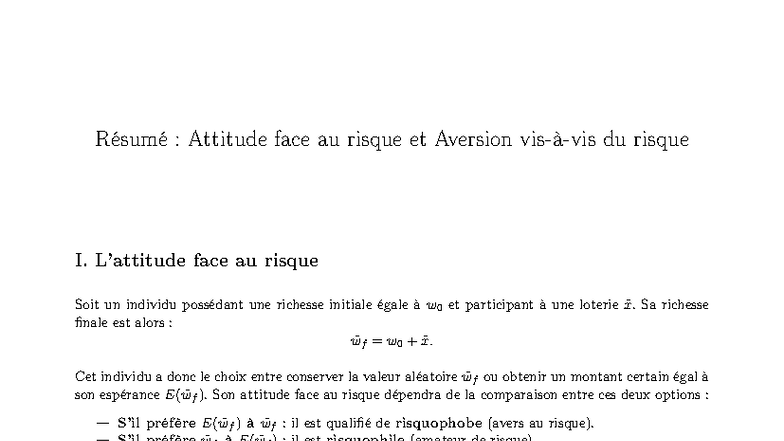 Attitude face au risque et aversion : Microéconomie Incertaine - Studocu