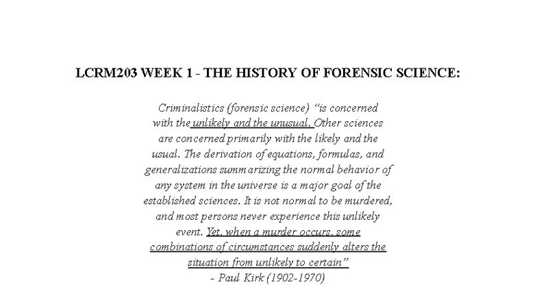 LCRM203 W1 - The Evolution and Impact of Forensic Science - Studocu
