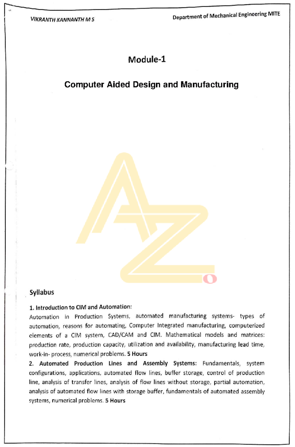 CADM Syllabus: Computer Aided Design & Manufacturing (MITE) - Studocu