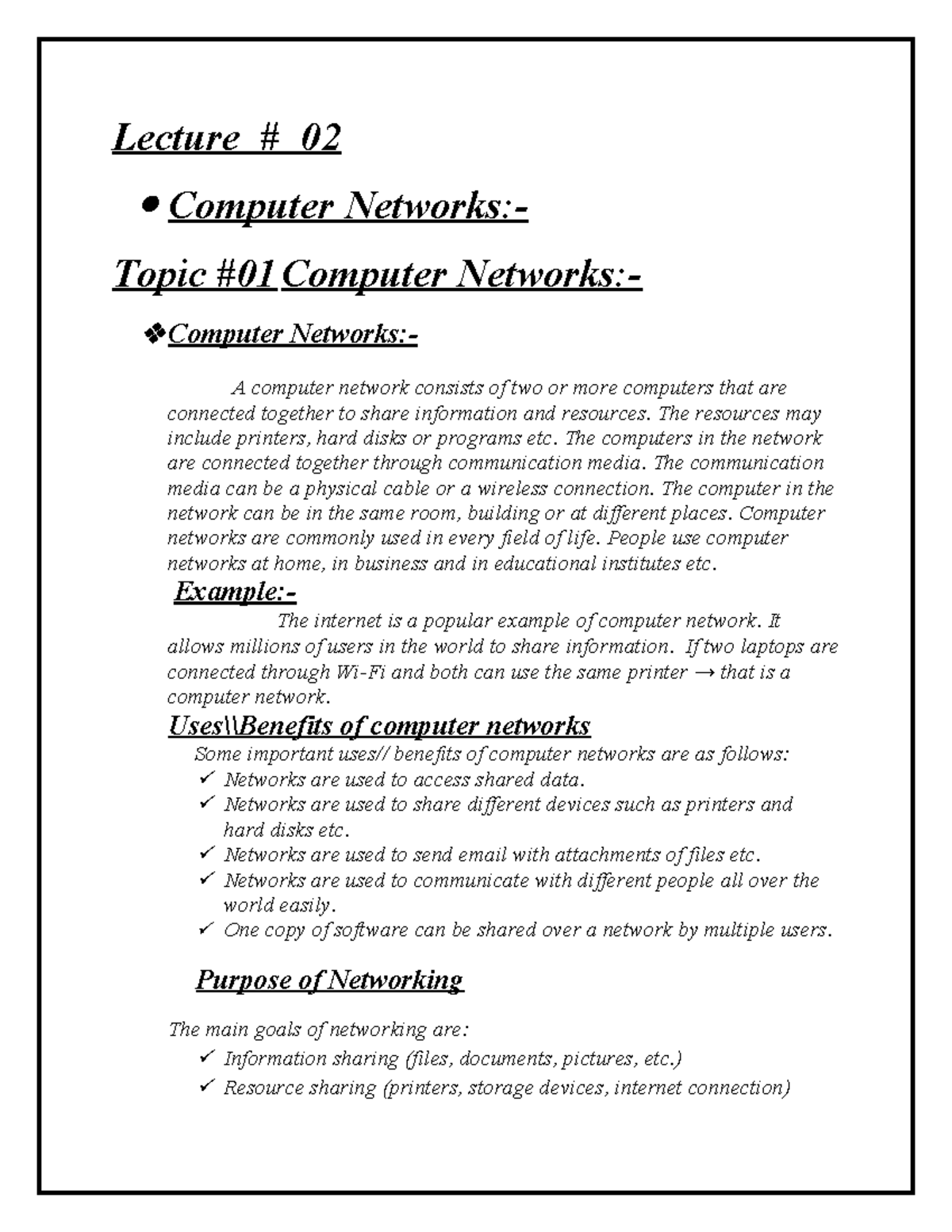 Lecture 02: Introduction to Computer Networks and Their Benefits - Studocu