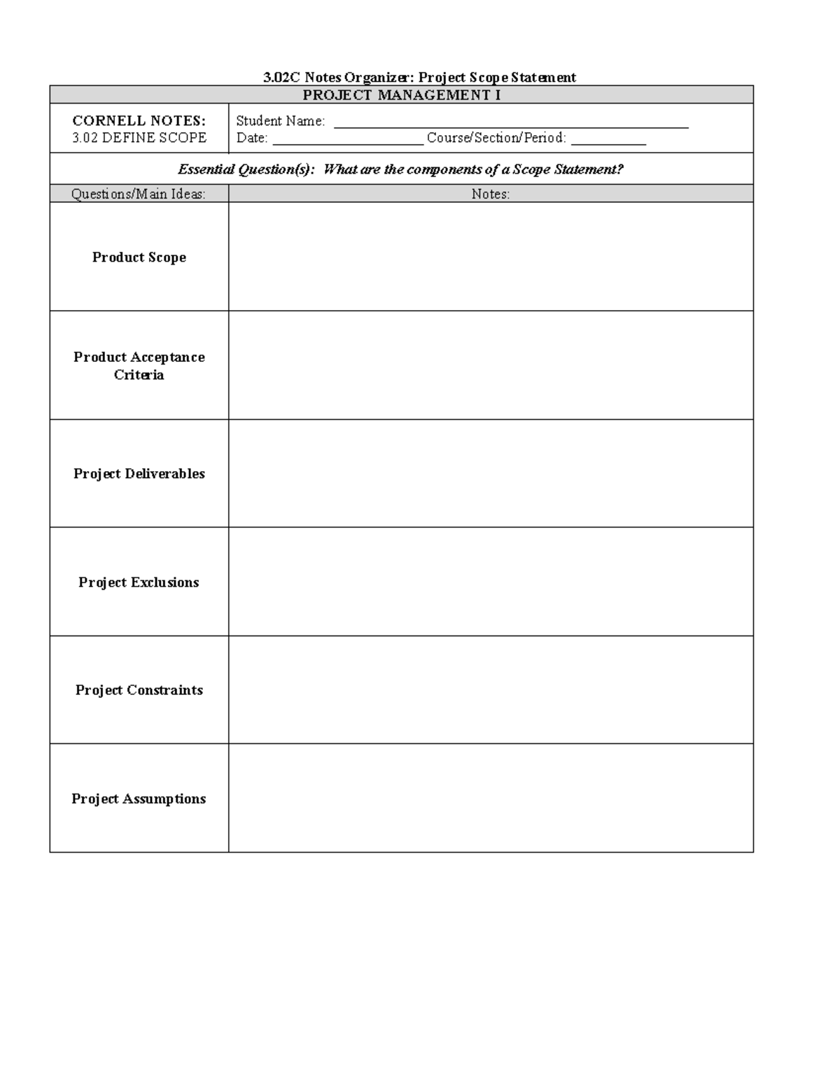 3.02 Scope Notes Organizer - 3 Notes Organizer: Project Scope Statement ...