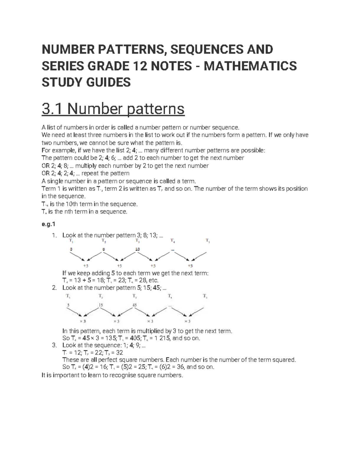 Grade 12 Maths: Number Patterns, Sequences & Series Study Notes - Studocu