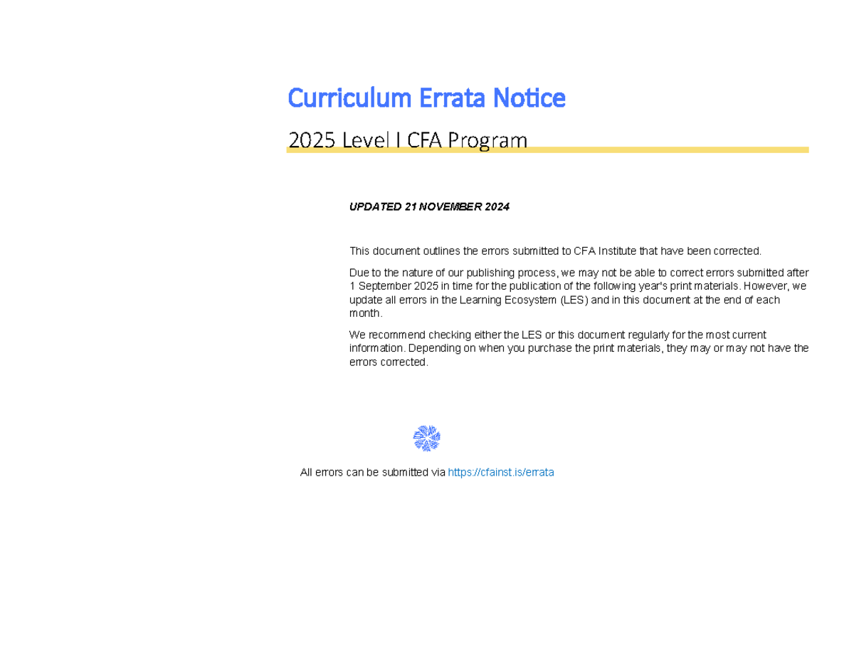 2025 CFA Level I Curriculum Errata Notice - Updated November 2024 - Studocu