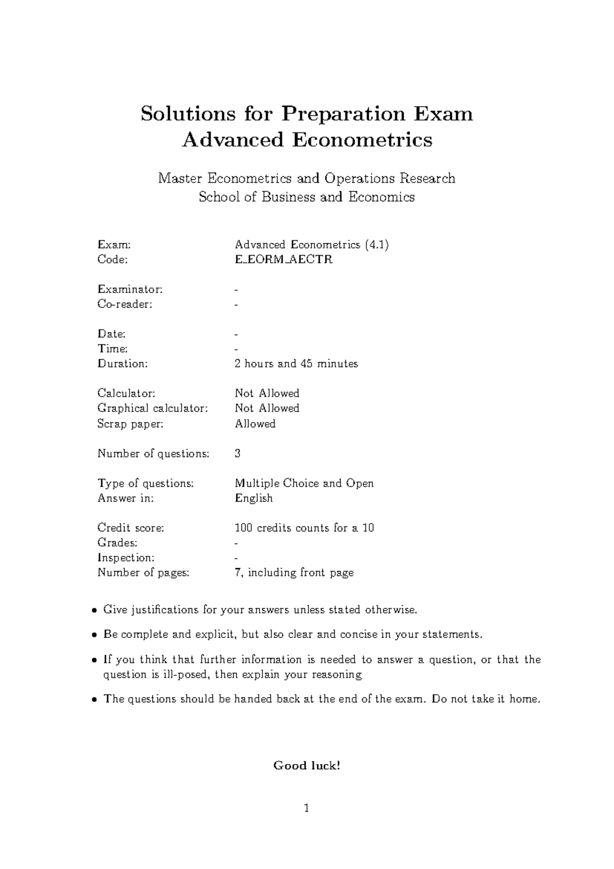 Advanced Econometrics (EEORMAECTR) Prep Exam Solutions & Key 2021 ...