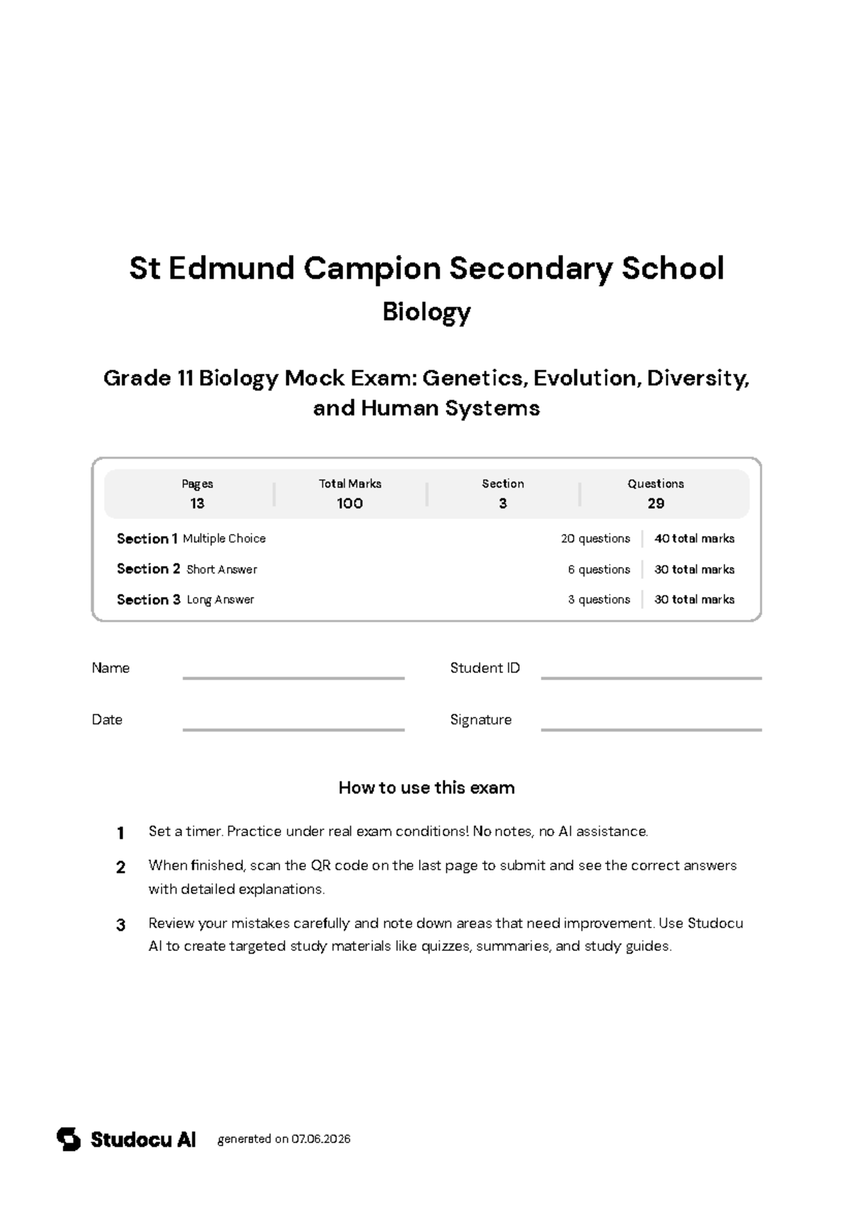 Grade 11 Biology Mock Exam: Genetics and Evolution - Studocu