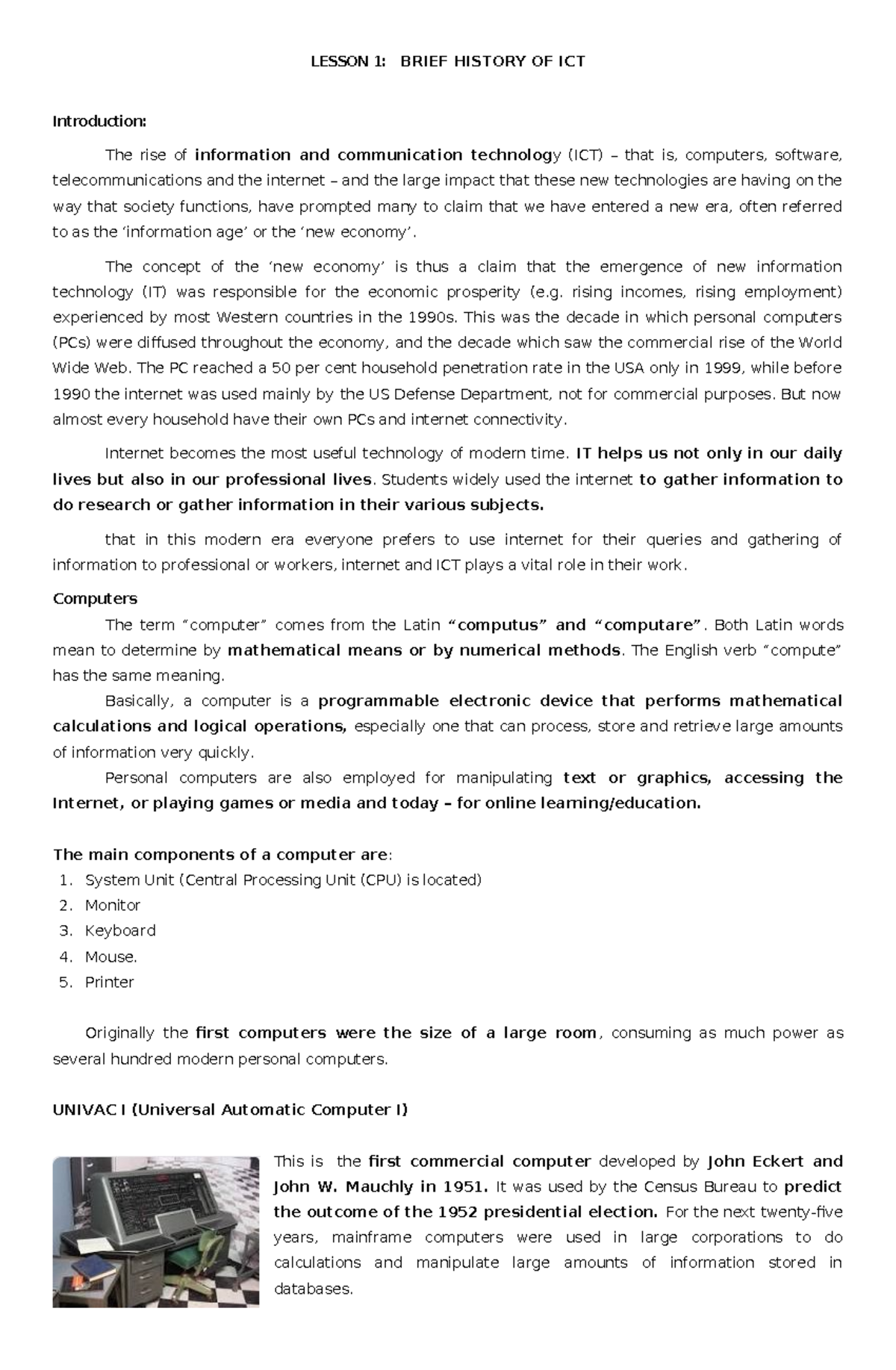 Lesson 1 - History OF ICT - LESSON 1: BRIEF HISTORY OF ICT Introduction ...