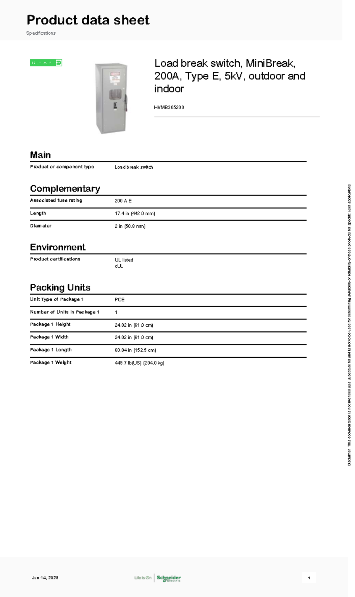 Product Data Sheet: HVMB305200 Load Break Switch Specifications - Studocu