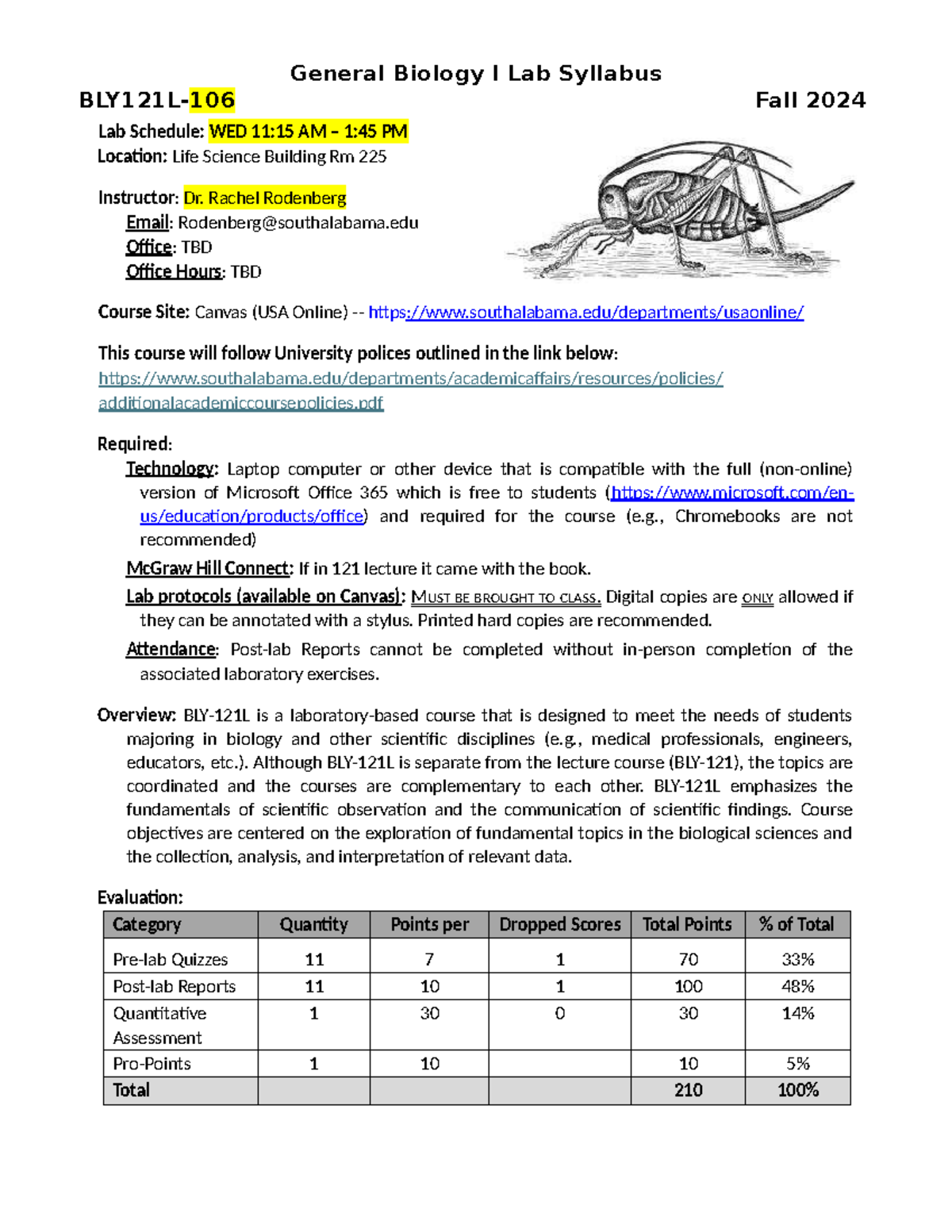 BLY121L General Biology I Lab Syllabus & Schedule - Fall 2024 - Studocu