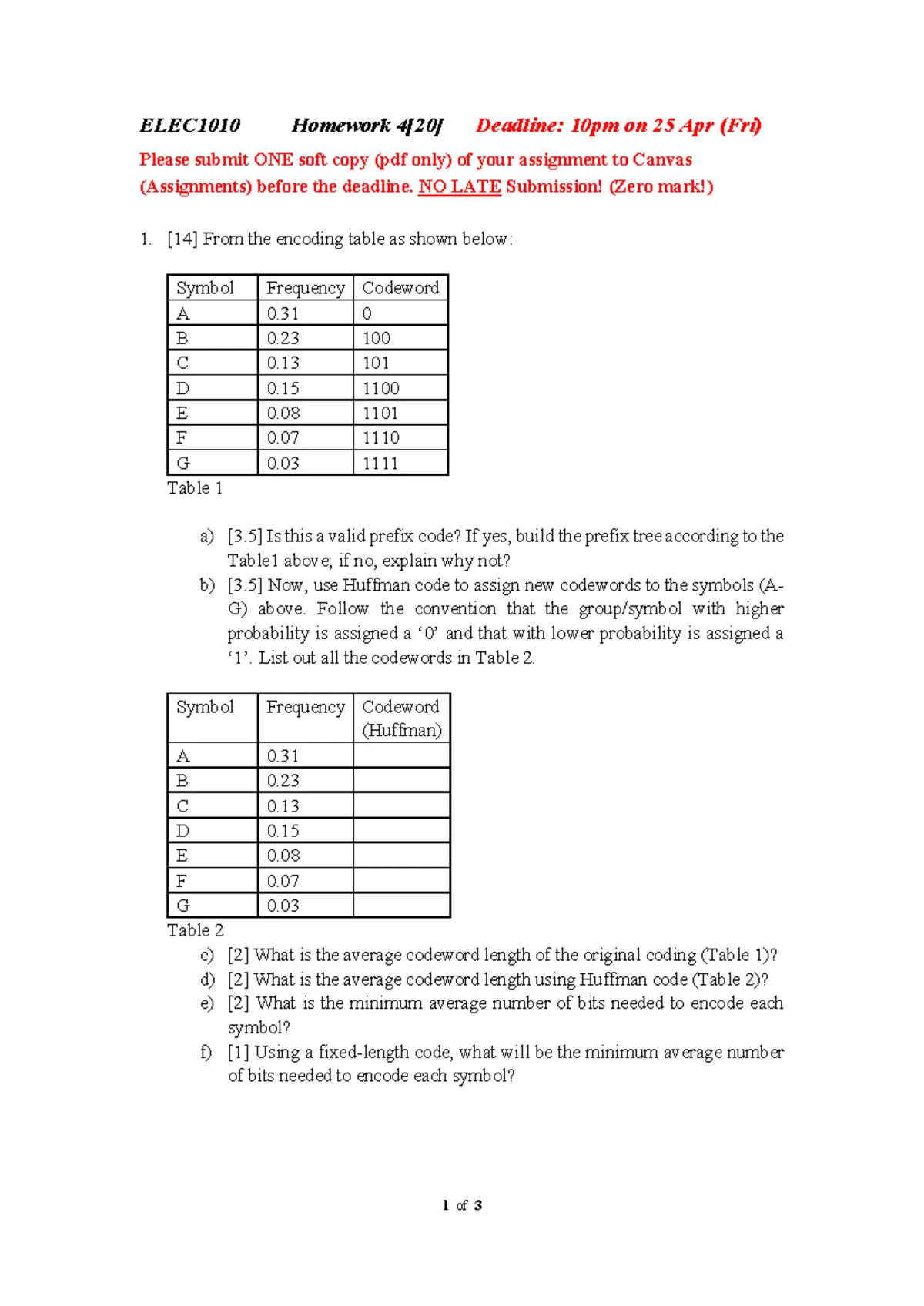 ELEC1010 Homework 4: Encoding and Huffman Coding Analysis - Studocu