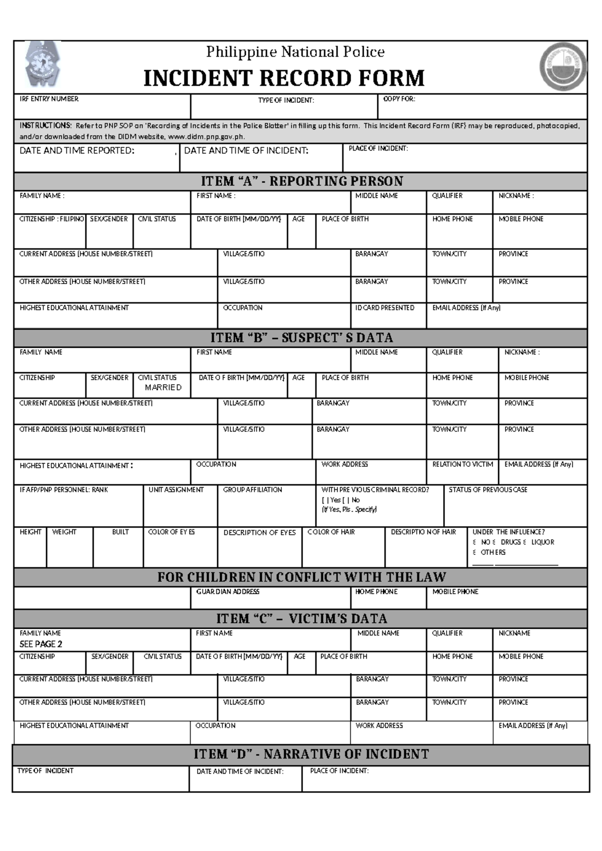 IRF FORM - Incident Record for the Philippine National Police - Studocu