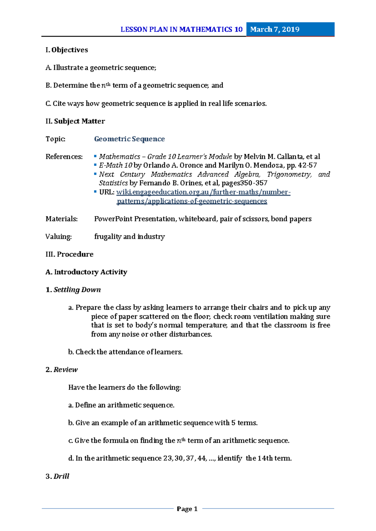 Lesson Plan on Geometric Sequence - I. Objectives A. Illustrate a ...
