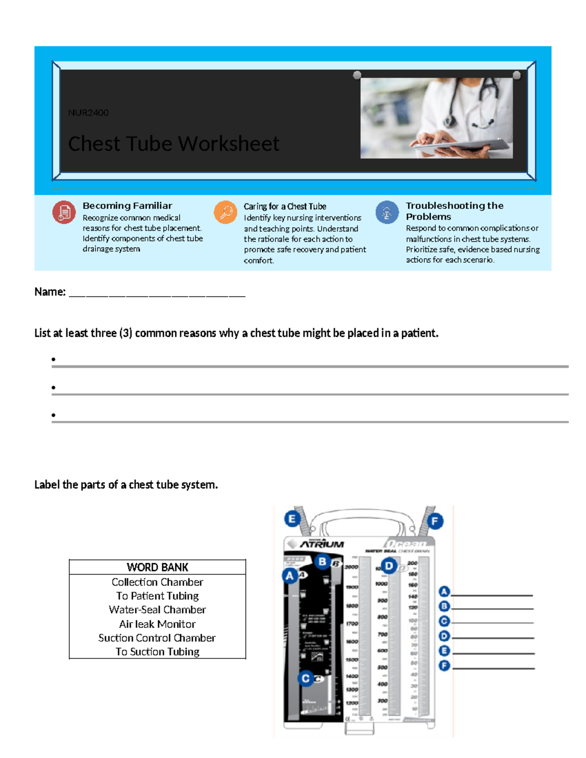 NUR2400 Week 6 Chest Tube Worksheet & Nursing Interventions - Studocu