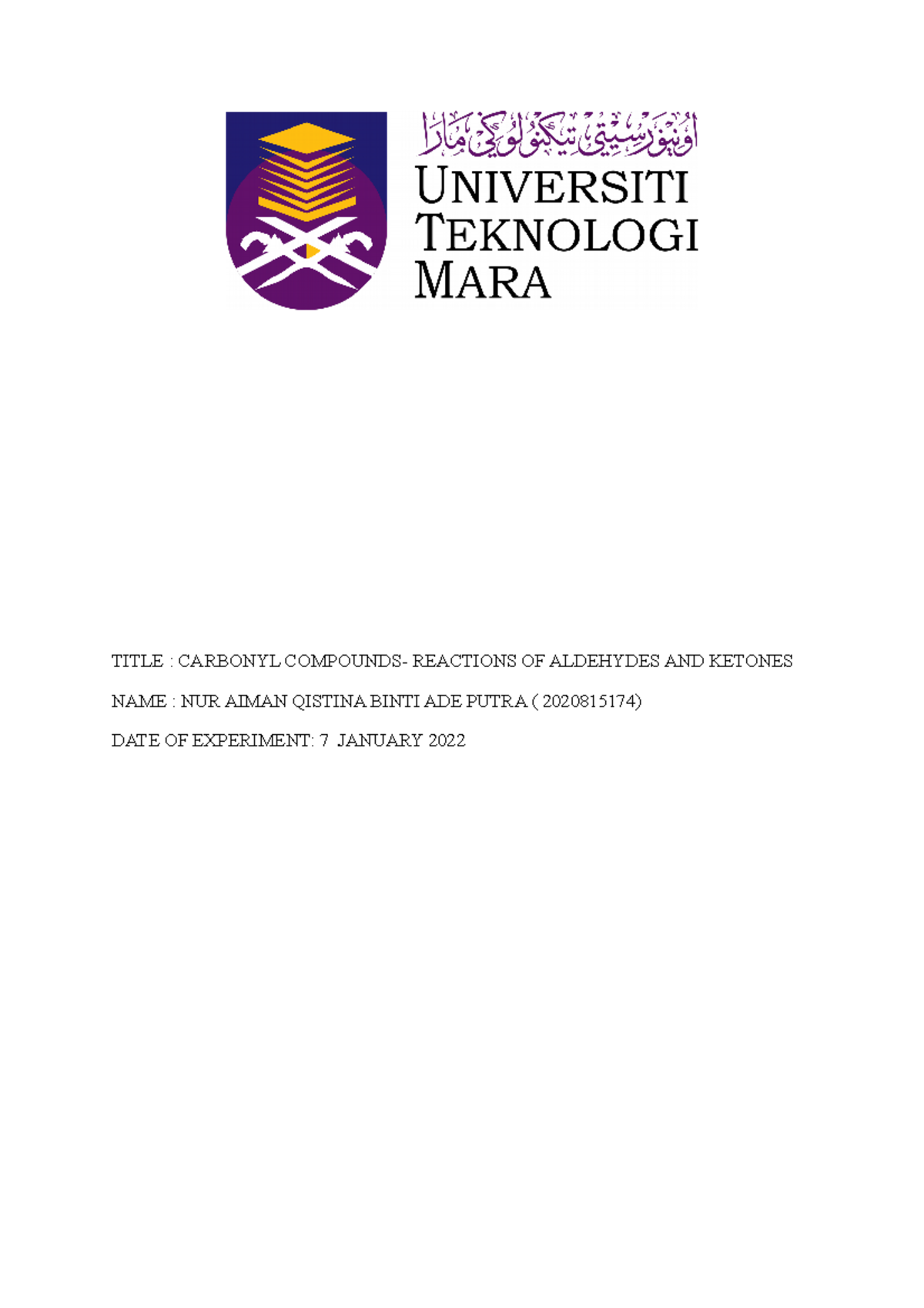 Lab report exp 2 chm 207 - Organic Chemistry - TITLE : CARBONYL ...