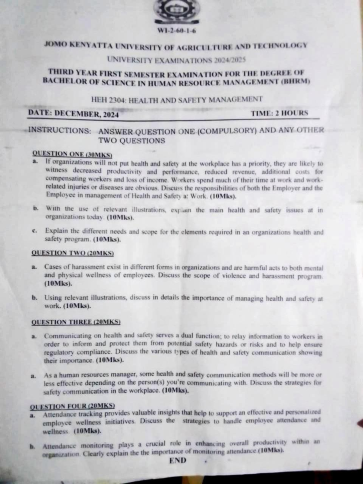 HEH 2304: Health and Safety Management Exam Paper - Dec 2024 - Studocu