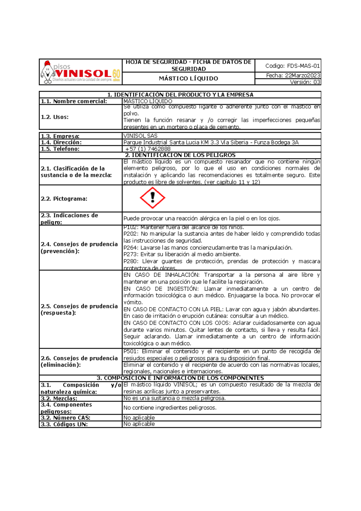 FDS-MAS-01 Hoja de Datos de Seguridad del Mástico Líquido - Studocu