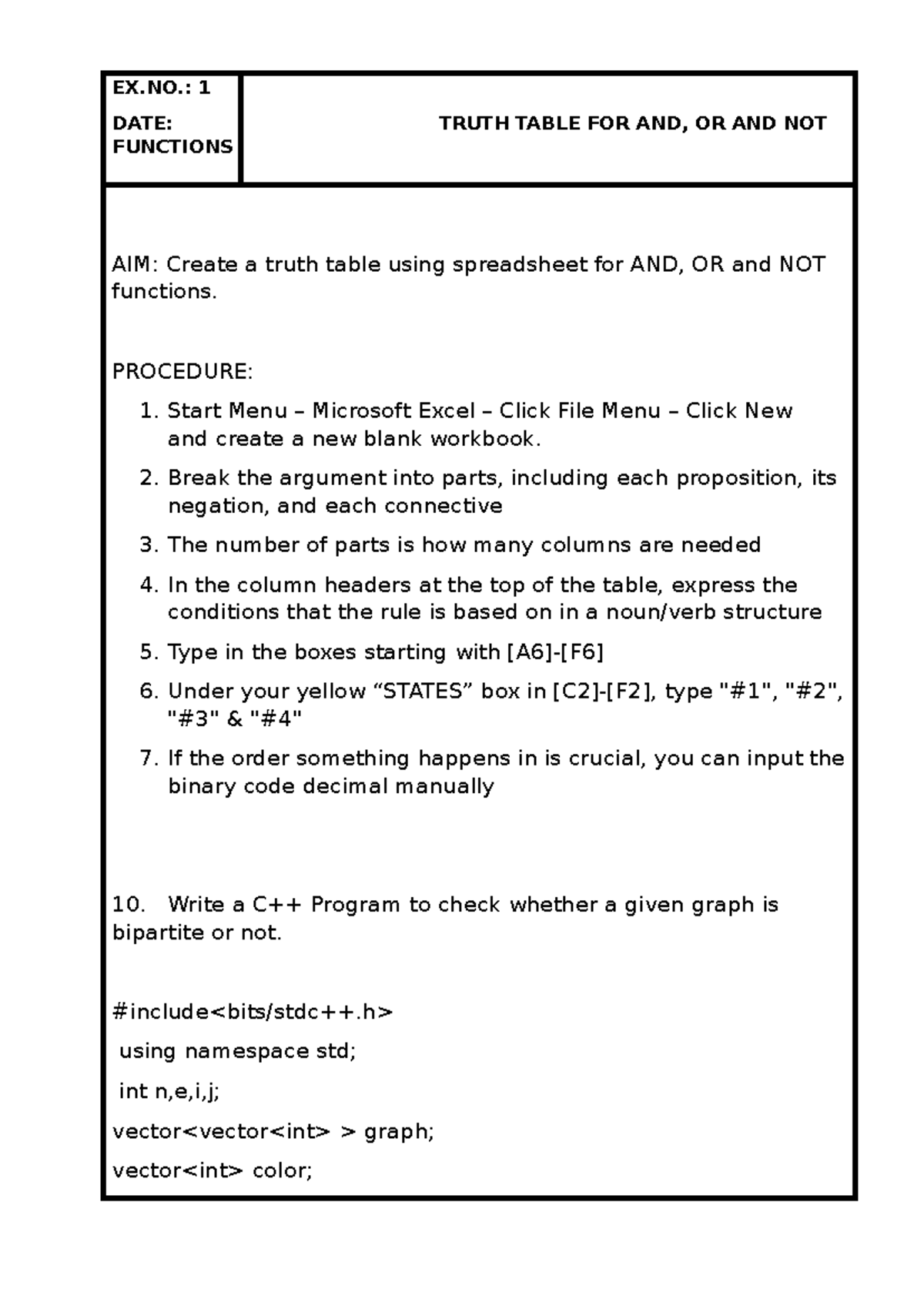 Lab Program - Truth Table for AND, OR, NOT Functions (EX.NO. 1) - Studocu