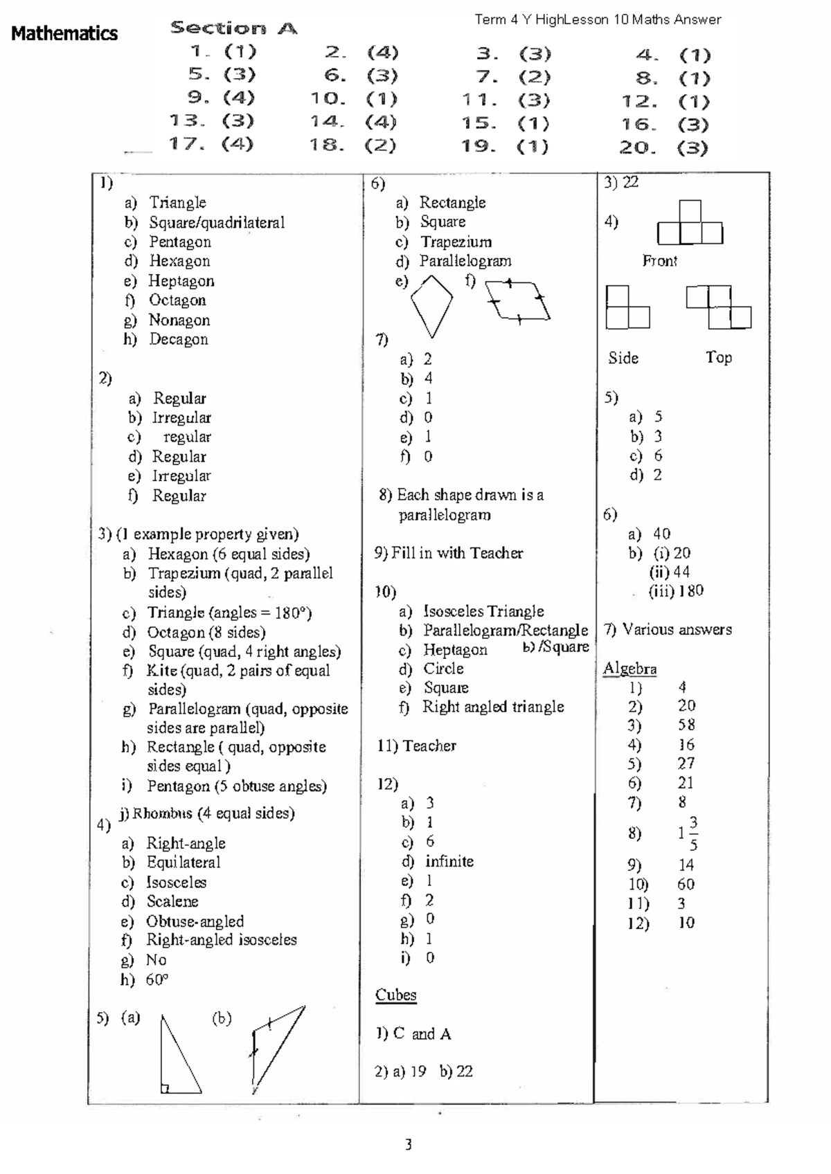 Ma term4 W10 Y4 ans - math answers - a) Triangle b) Square ...
