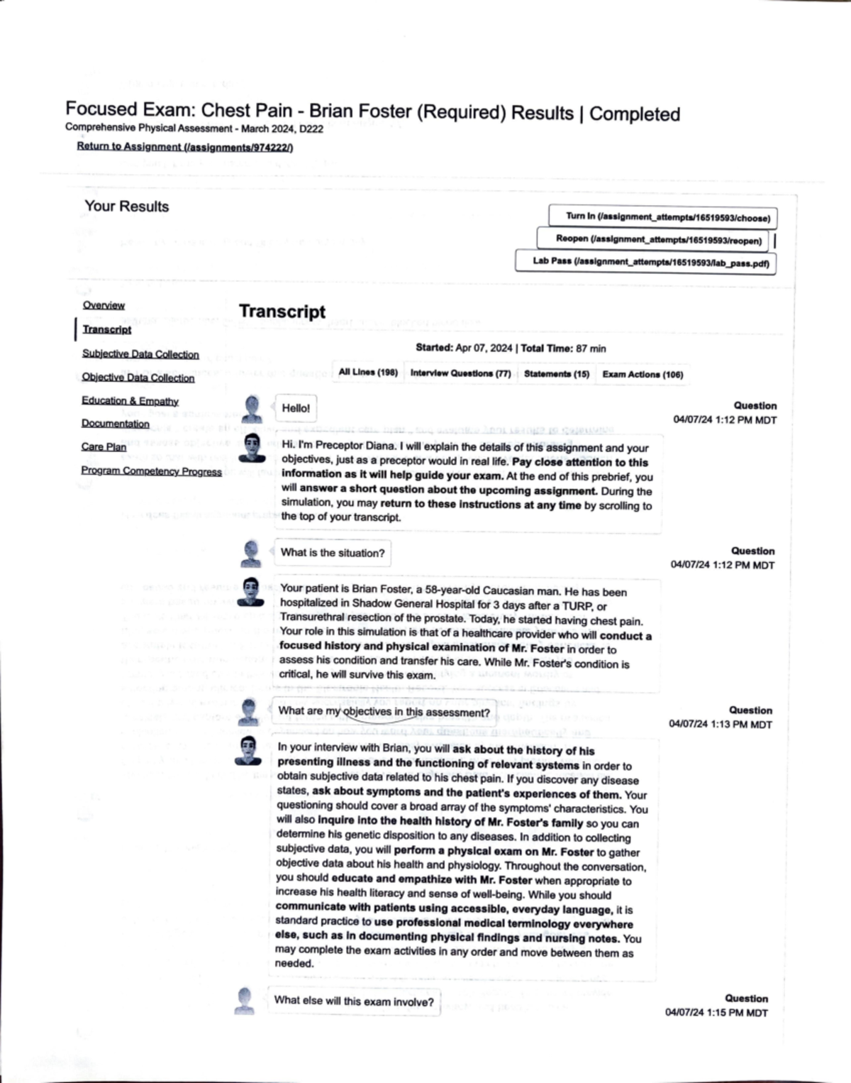 Focused Exam Case Study: Chest Pain Assessment of Brian