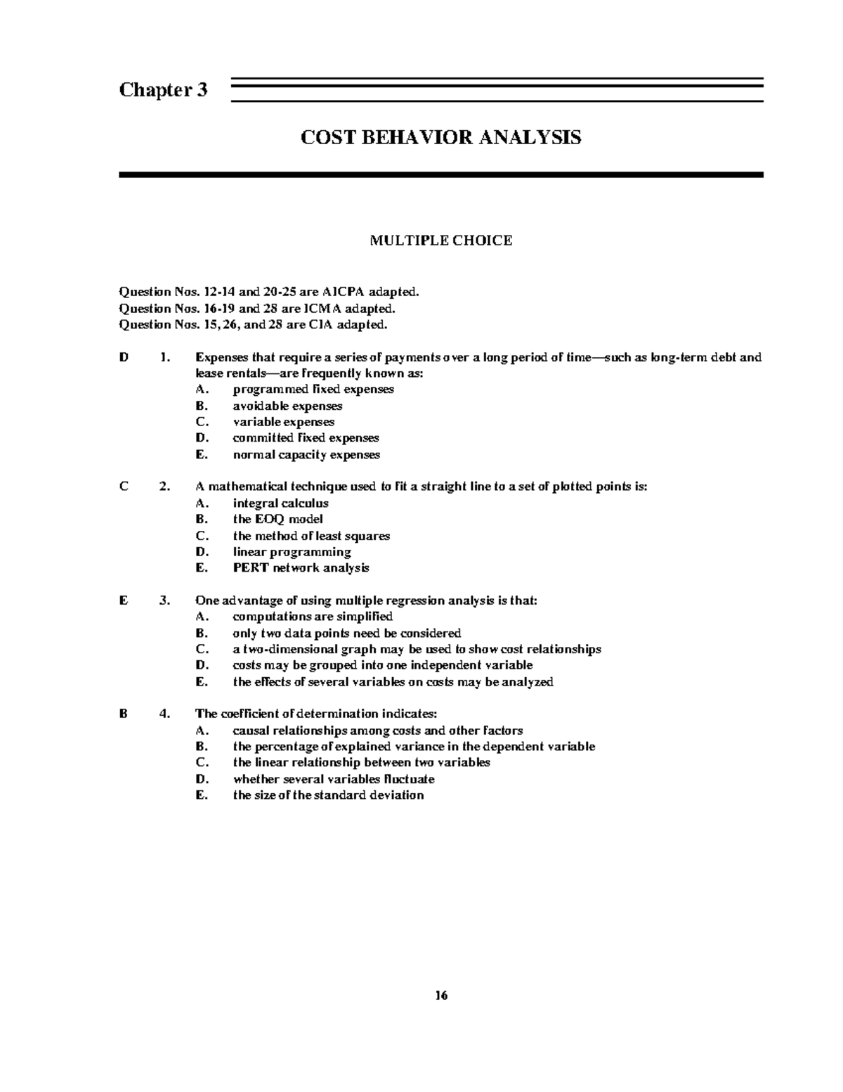Cost Behavior Analysis Test Bank: Chapter 3 MCQs Review - Studocu