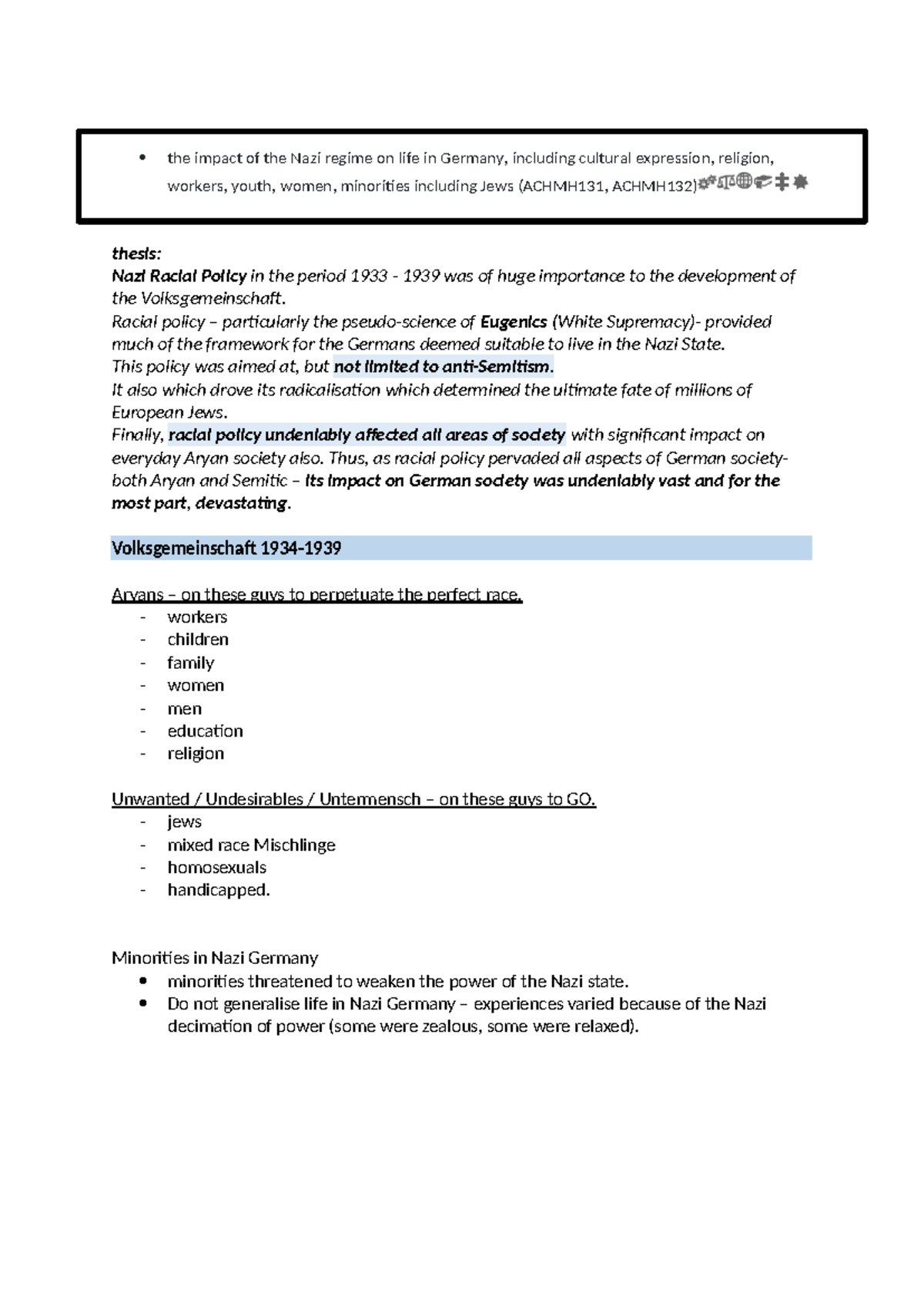 The Impact of Nazi Racial Policy on Minorities and Jews (ACHMH131 ...