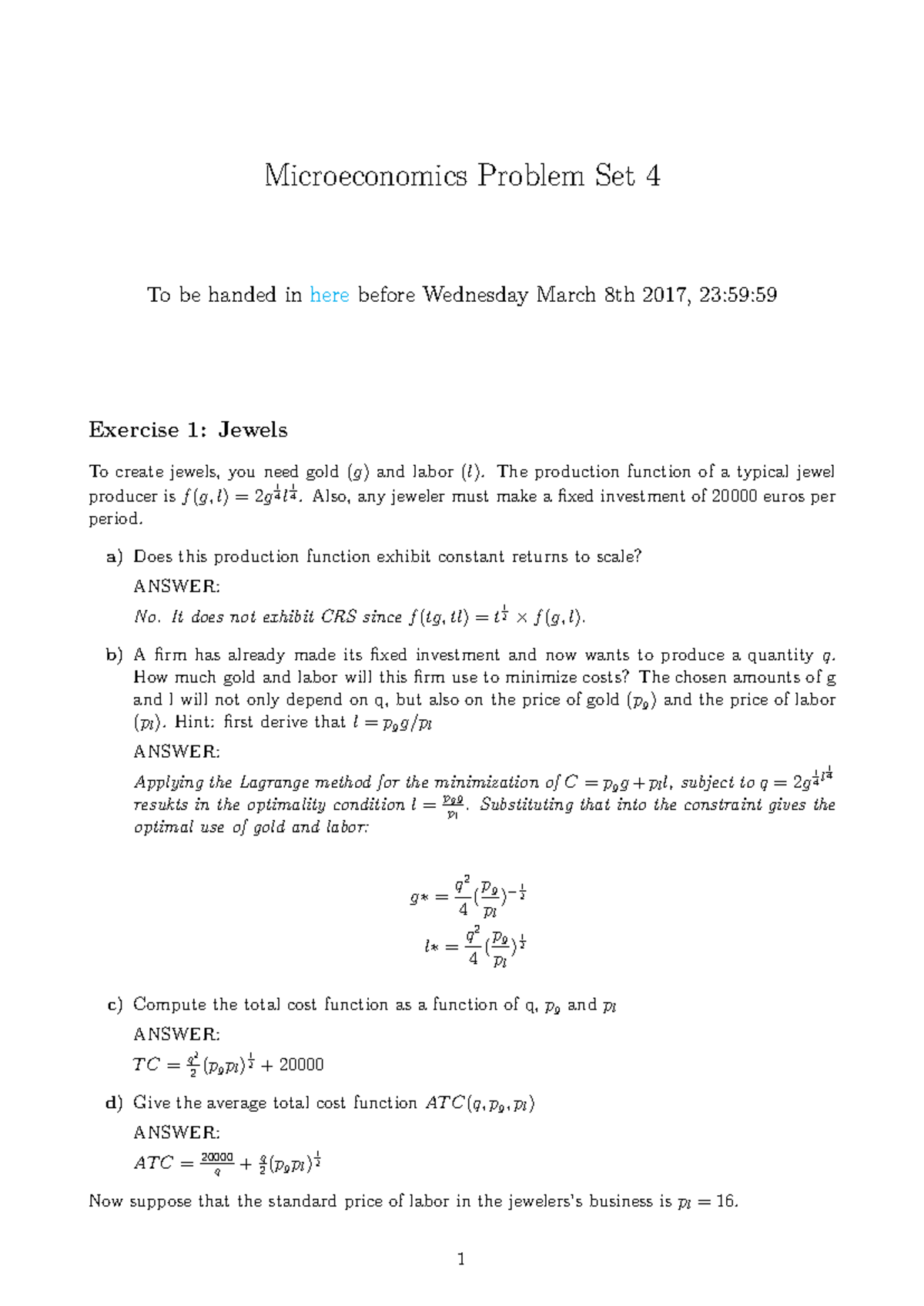 Microeconomics Problem Set 4: Detailed Solutions and Analysis - Studeersnel