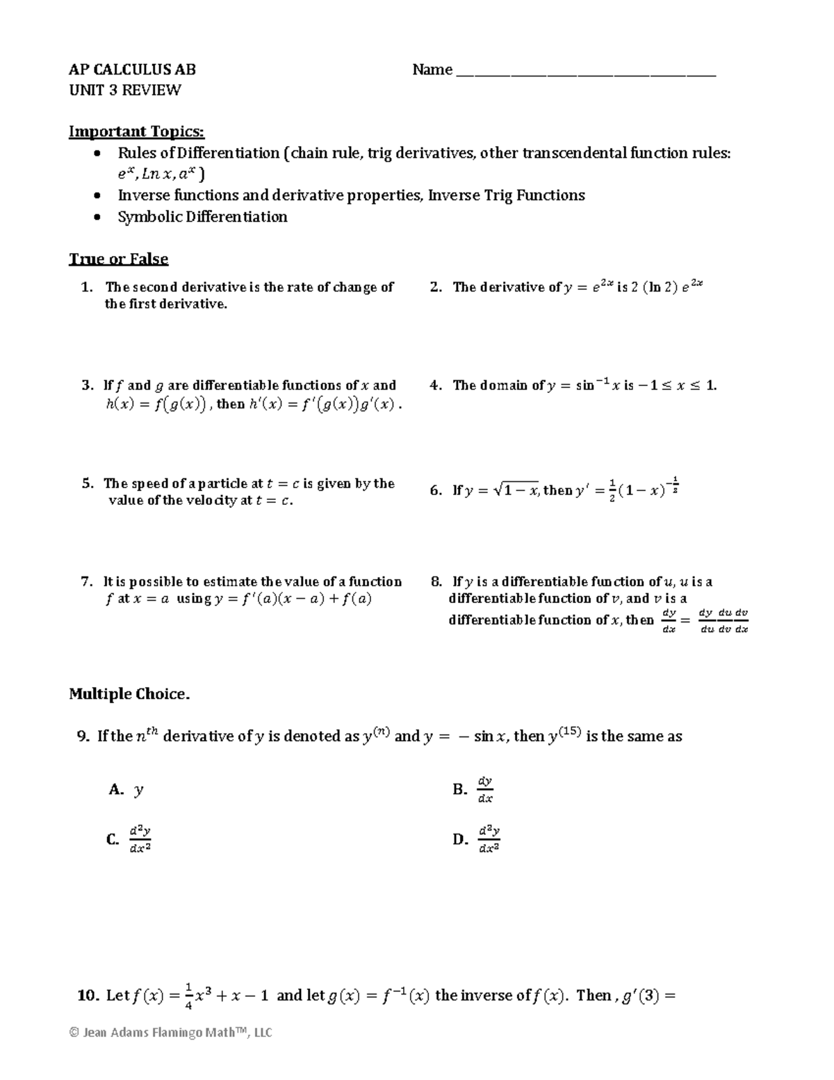 AP CALCULUS AB UNIT 3: Differentiation Part 2 Review - Studocu