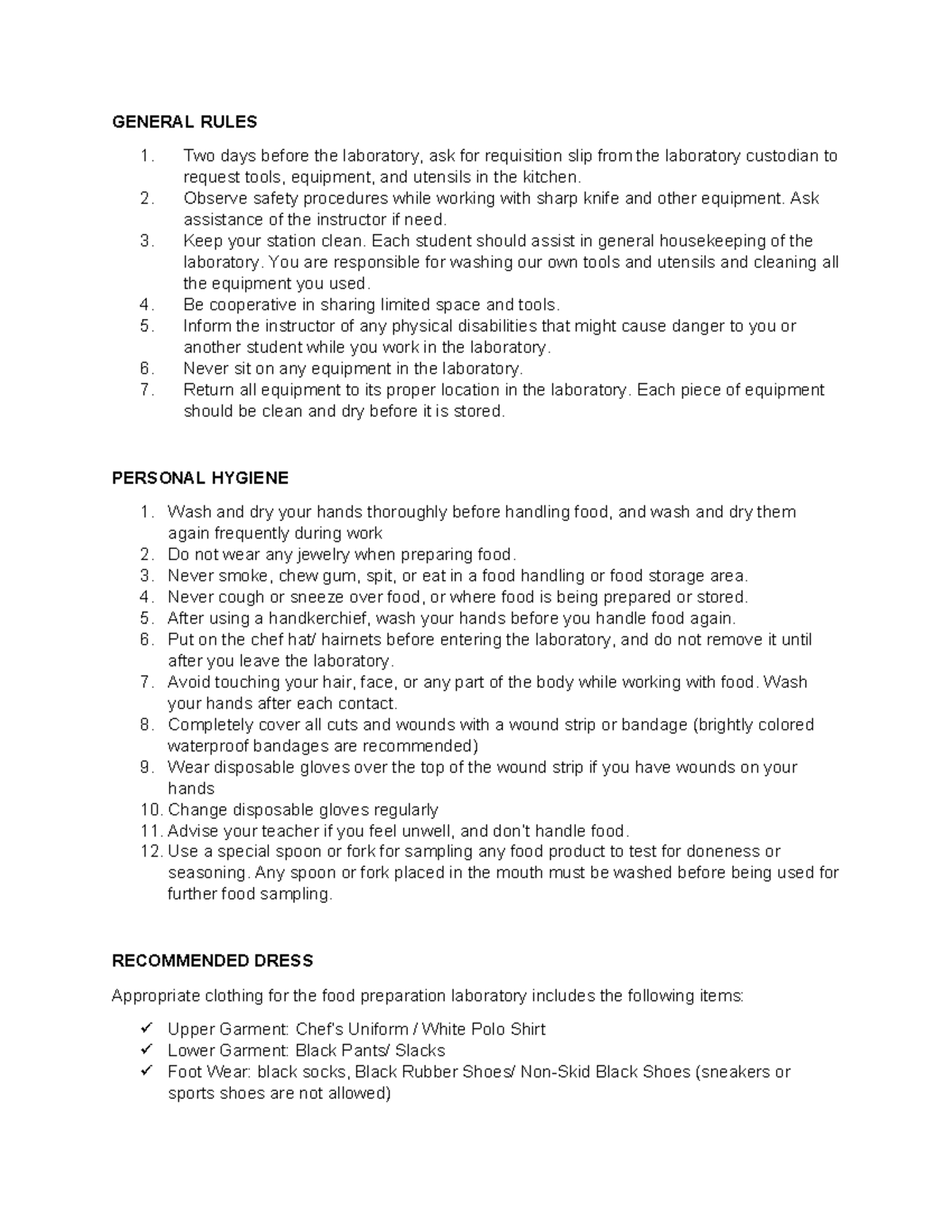 Lab Conduct and Responsibilities: Guidelines for Food Preparation - Studocu