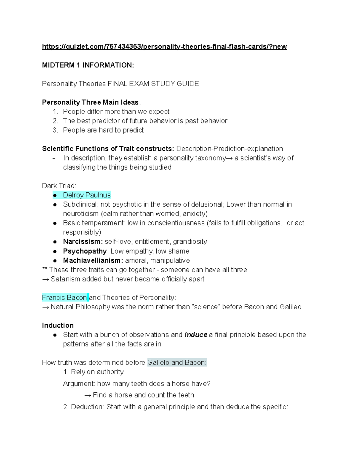 Personality Theories PSY101: Final Exam Study Guide & Prep Notes - Studocu