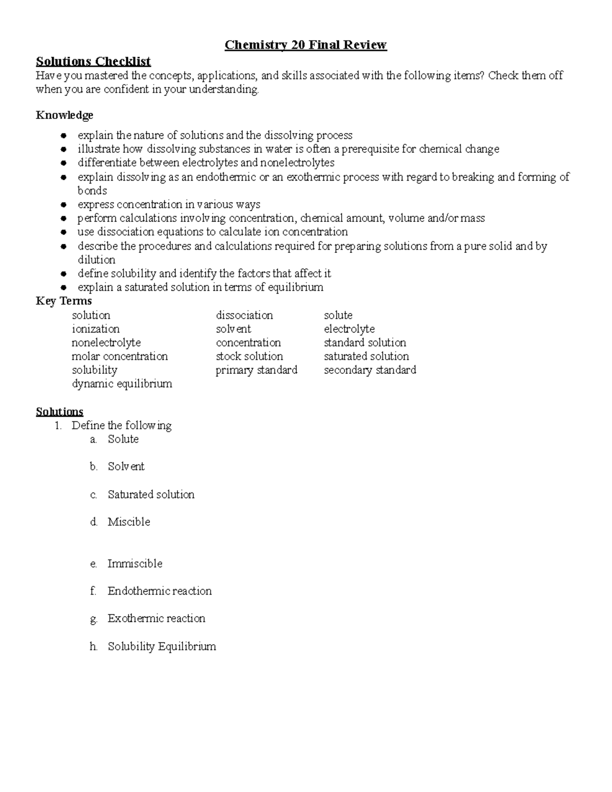 Chemistry 20 Final Review Solutions: Mastering Key Concepts - Studocu