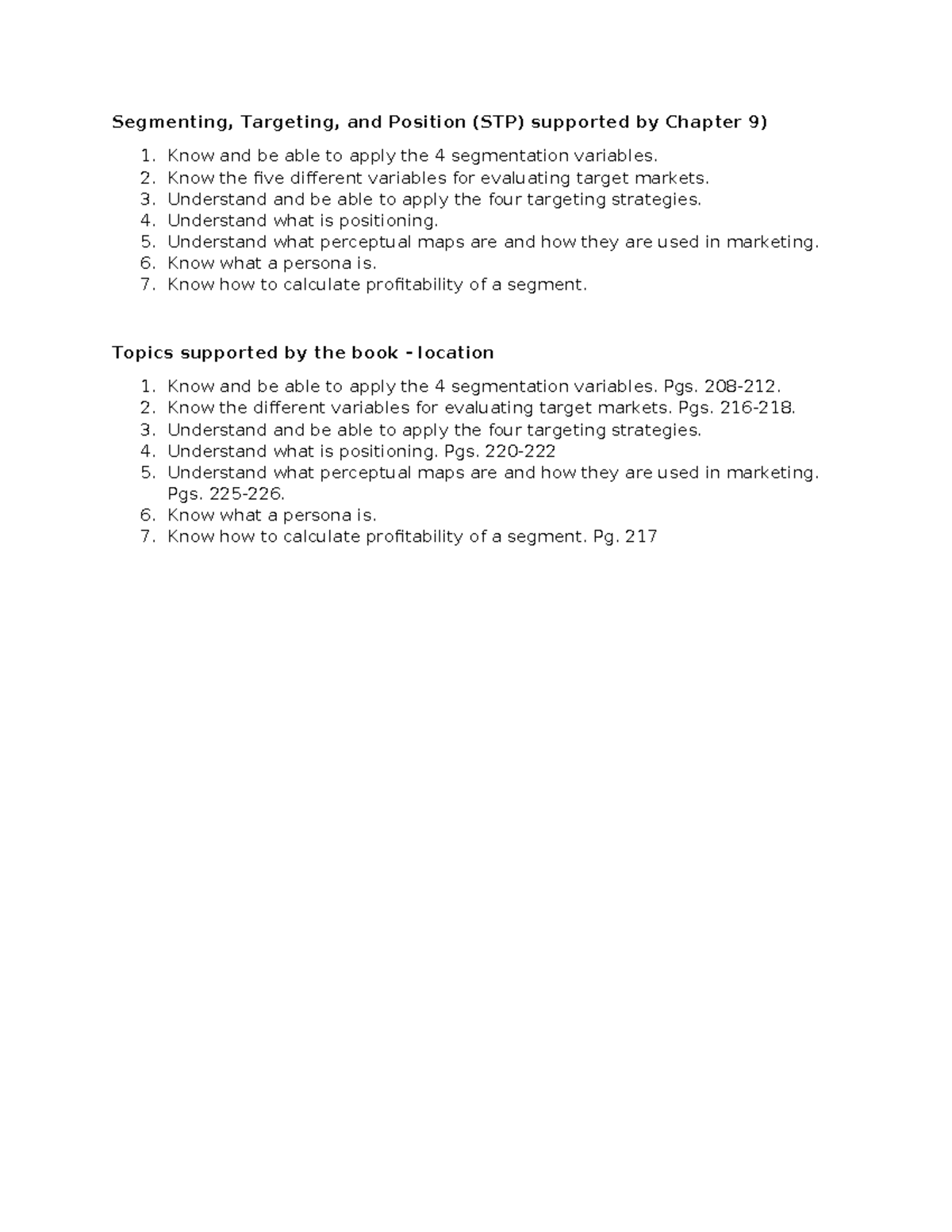 STP Midterm Topics: Segmenting, Targeting, and Positioning (Chapter 9 ...