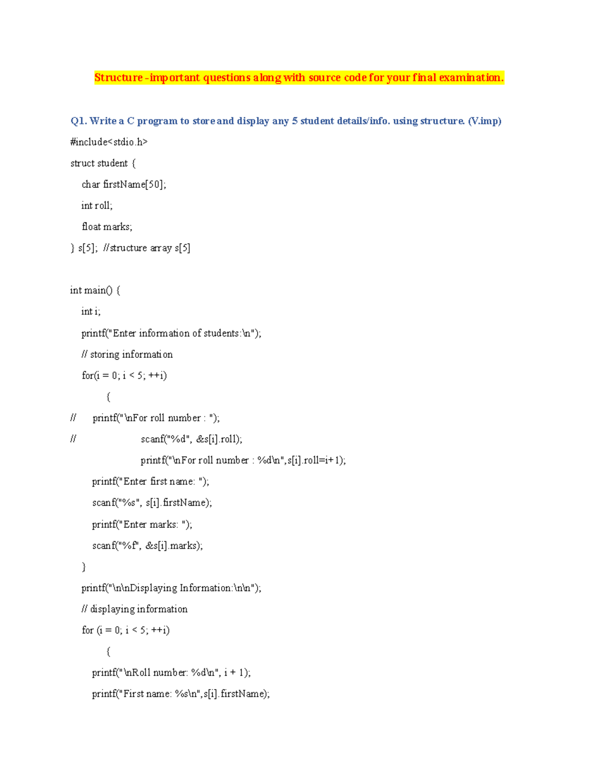 Structure Questions & Code for Final Exam (C Programming) - Studocu