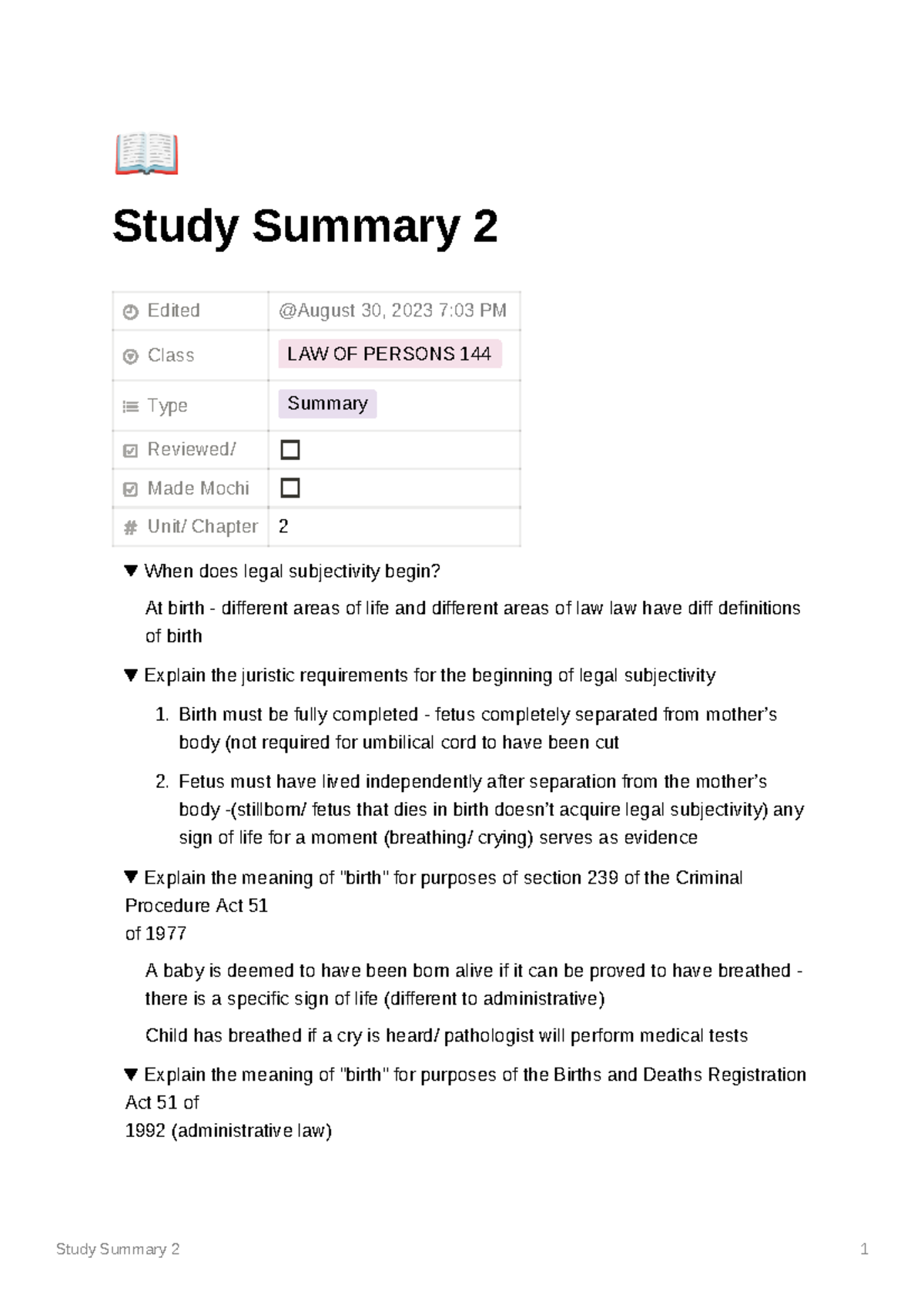 LAW OF PERSONS 144: Summary of Legal Subjectivity & Nasciturus Fiction ...