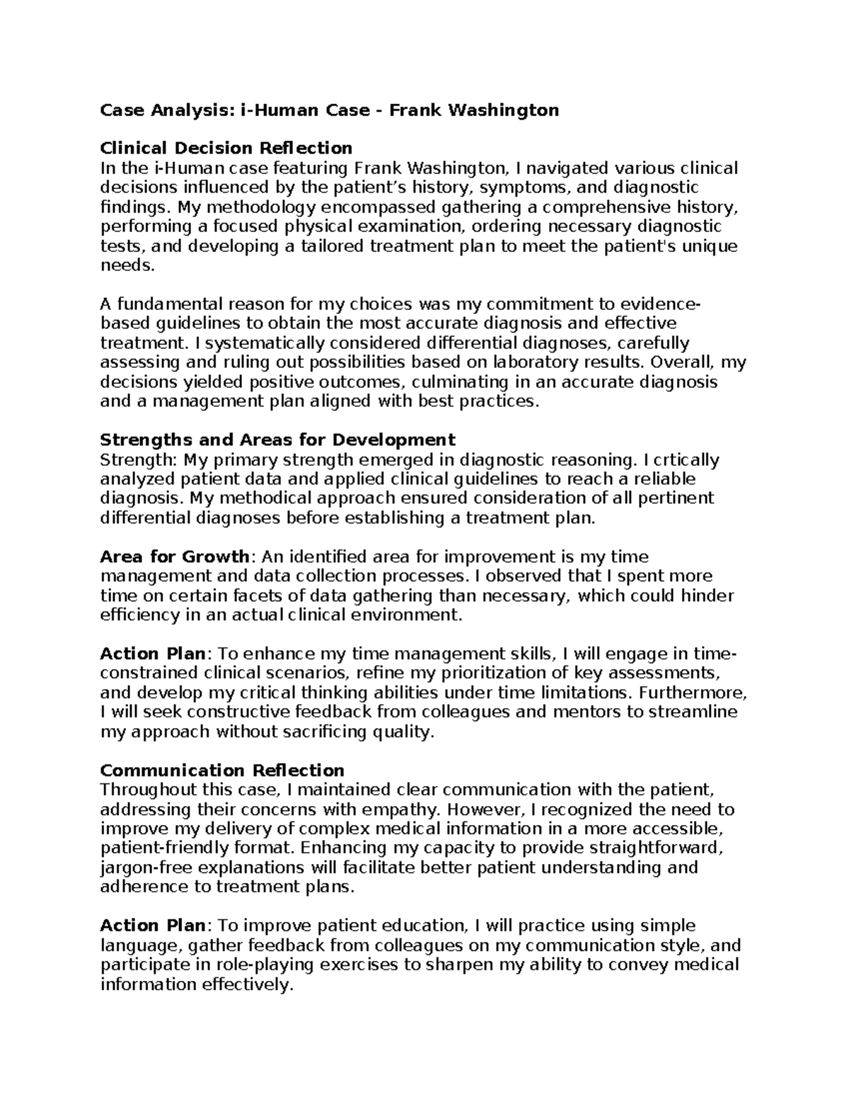 Case Study: Clinical Decision Reflection on Frank Washington (HUM 101 ...