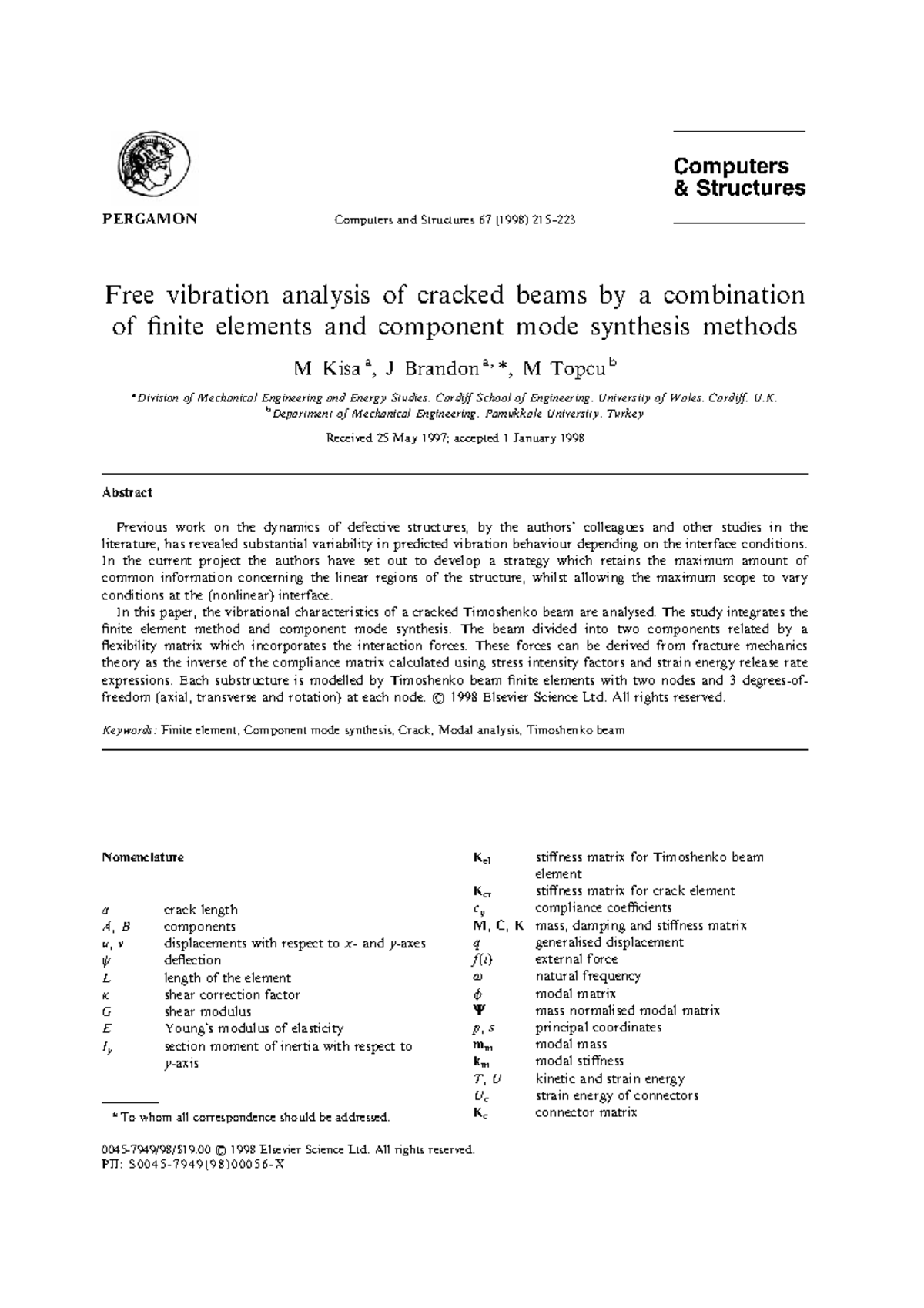 Free Vibration Analysis of Cracked Timoshenko Beams (Kisa1998) - Studocu
