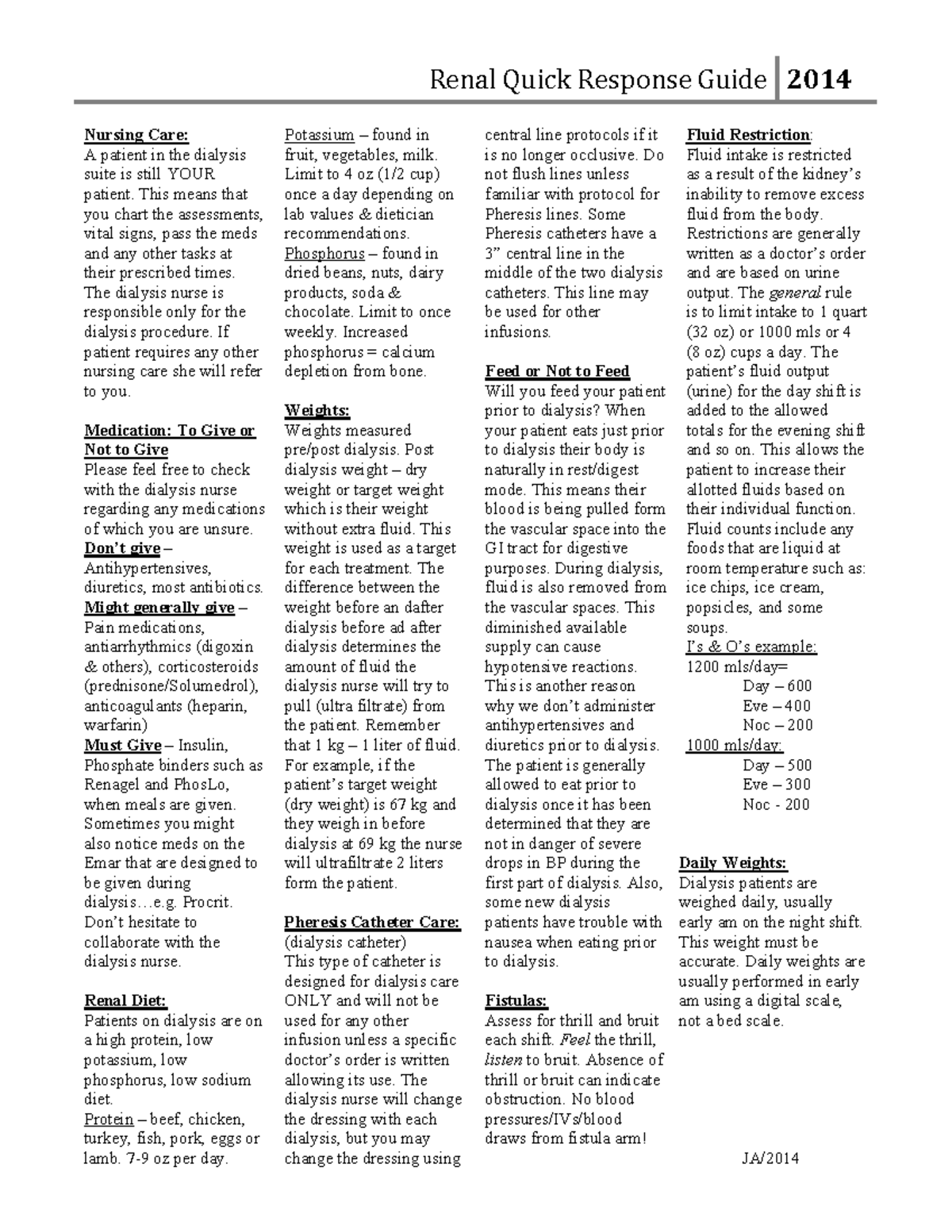 Renal Dialysis Quick Reference Guide for Nursing Care and Meds - Studocu