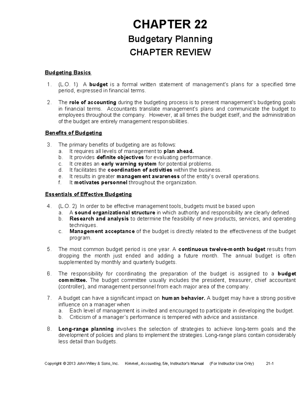 ACC 101 CHAPTER 22 Budgetary Planning & Review of Budgeting Basics ...