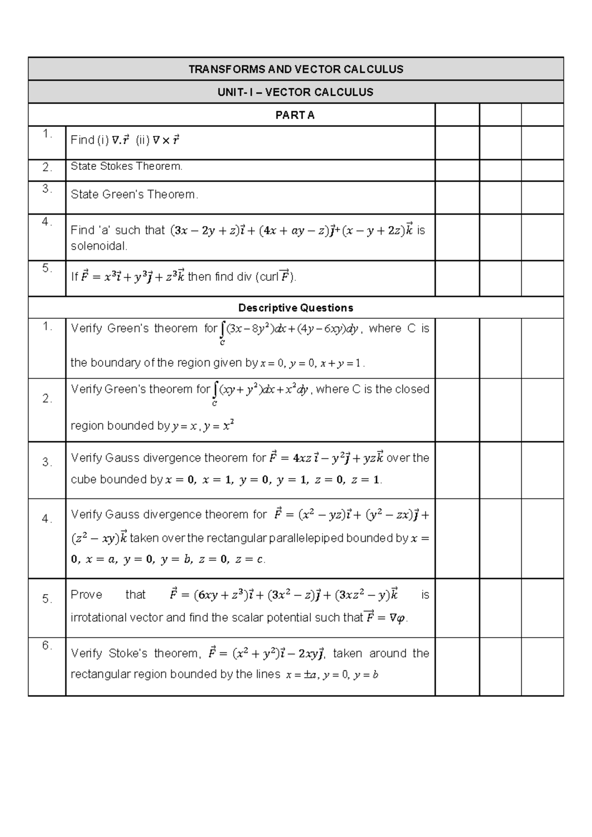 TVC Important Questions: Transforms and Vector Calculus I - Studocu