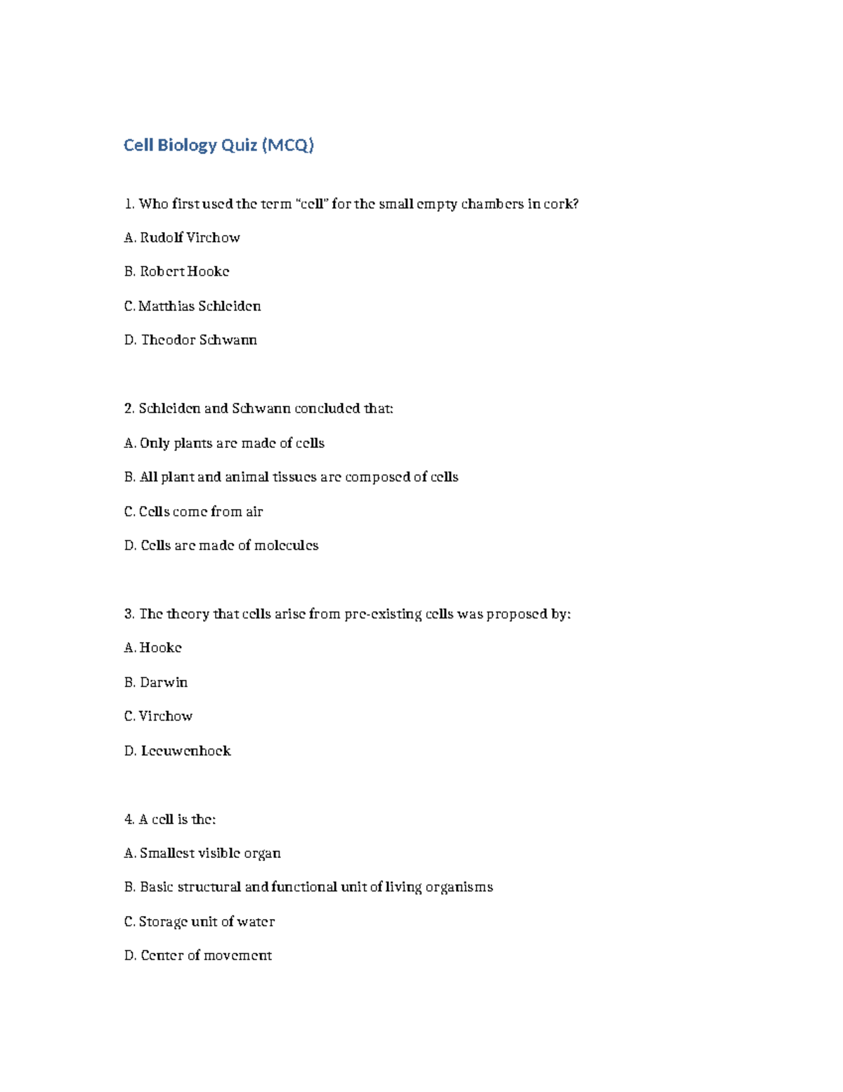 Cell Biology Quiz (MCQ) - Key Concepts and Theories - Studocu