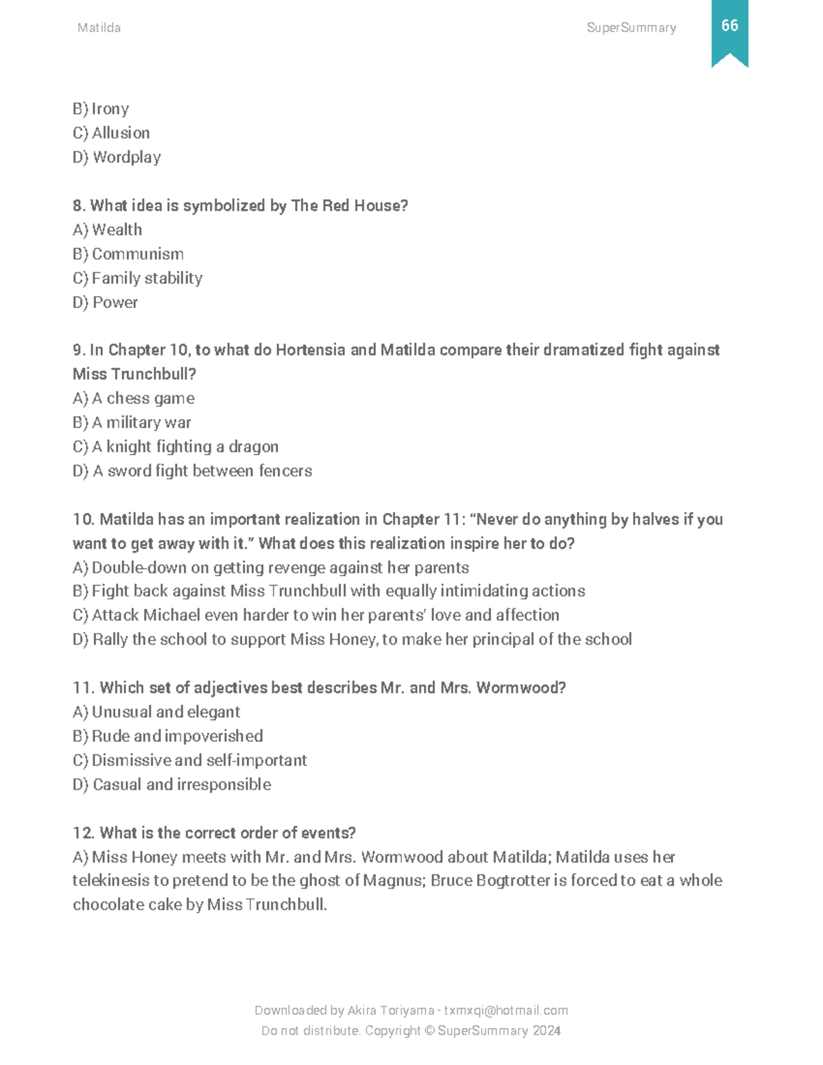 Matilda - Super Summary Study Guide 67 - B) Irony C) Allusion D ...