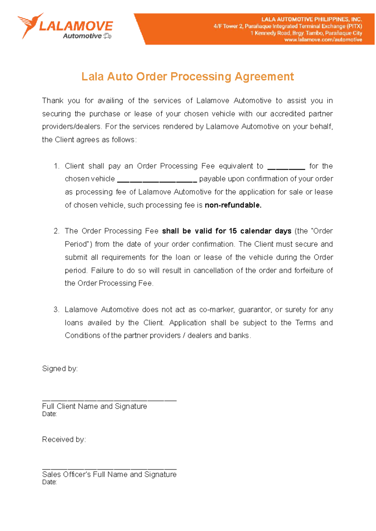 2024 LLA Auto Order Processing Agreement and Terms - Studocu