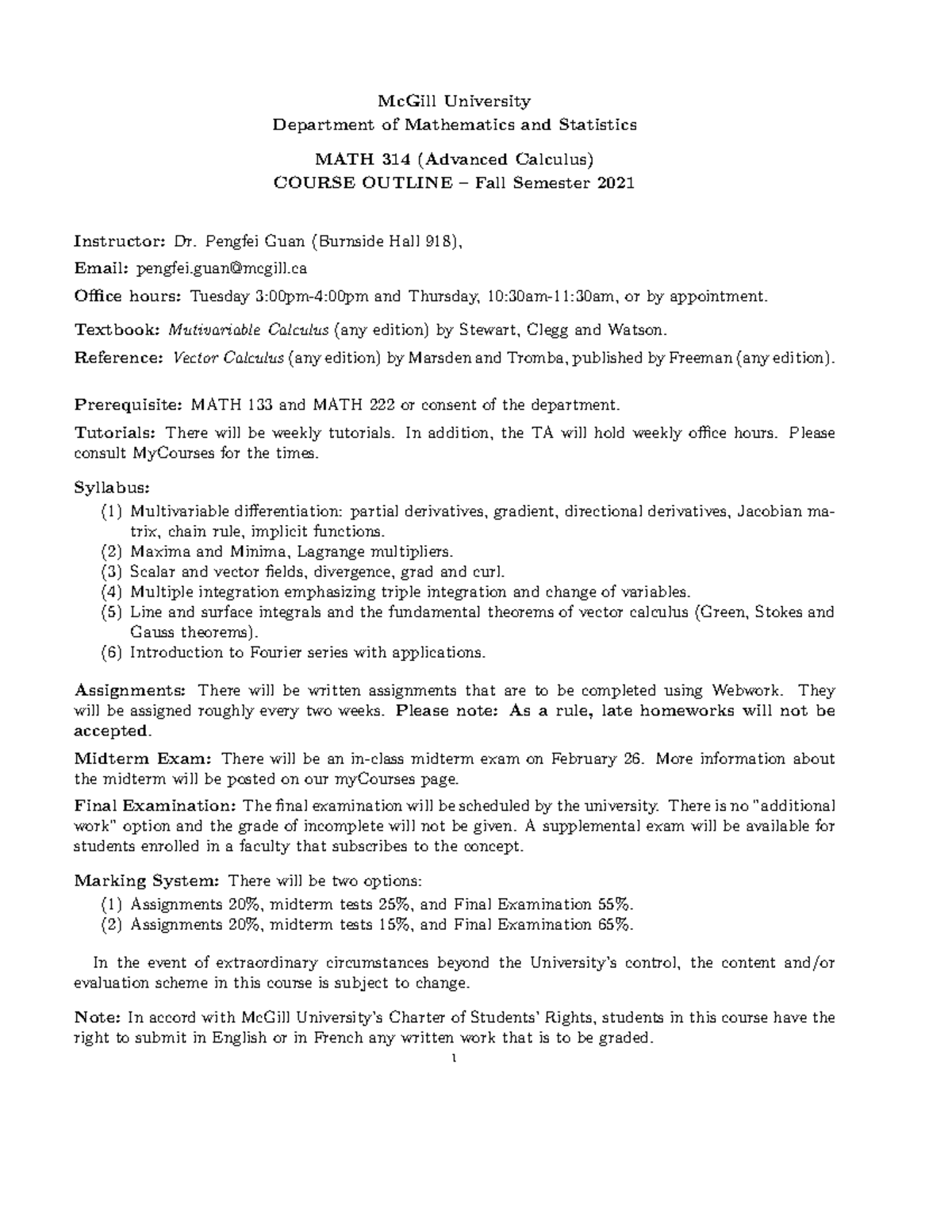 MATH 314 Advanced Calculus Course Outline - Fall 2021 - Studocu