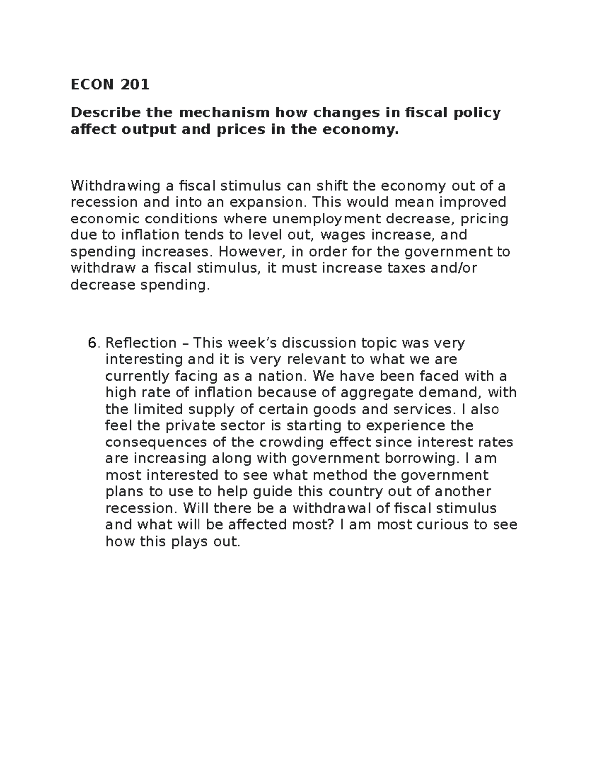 ECON 201: Impact of Fiscal Policy Changes on Output and Prices - Studocu