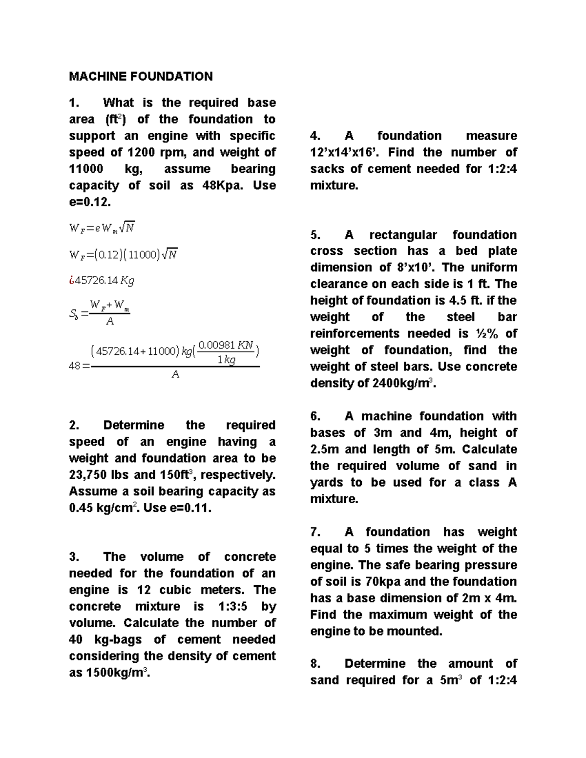 MACHINE FOUNDATION NOTES FOR ENGINE SUPPORT CALCULATIONS - Studocu
