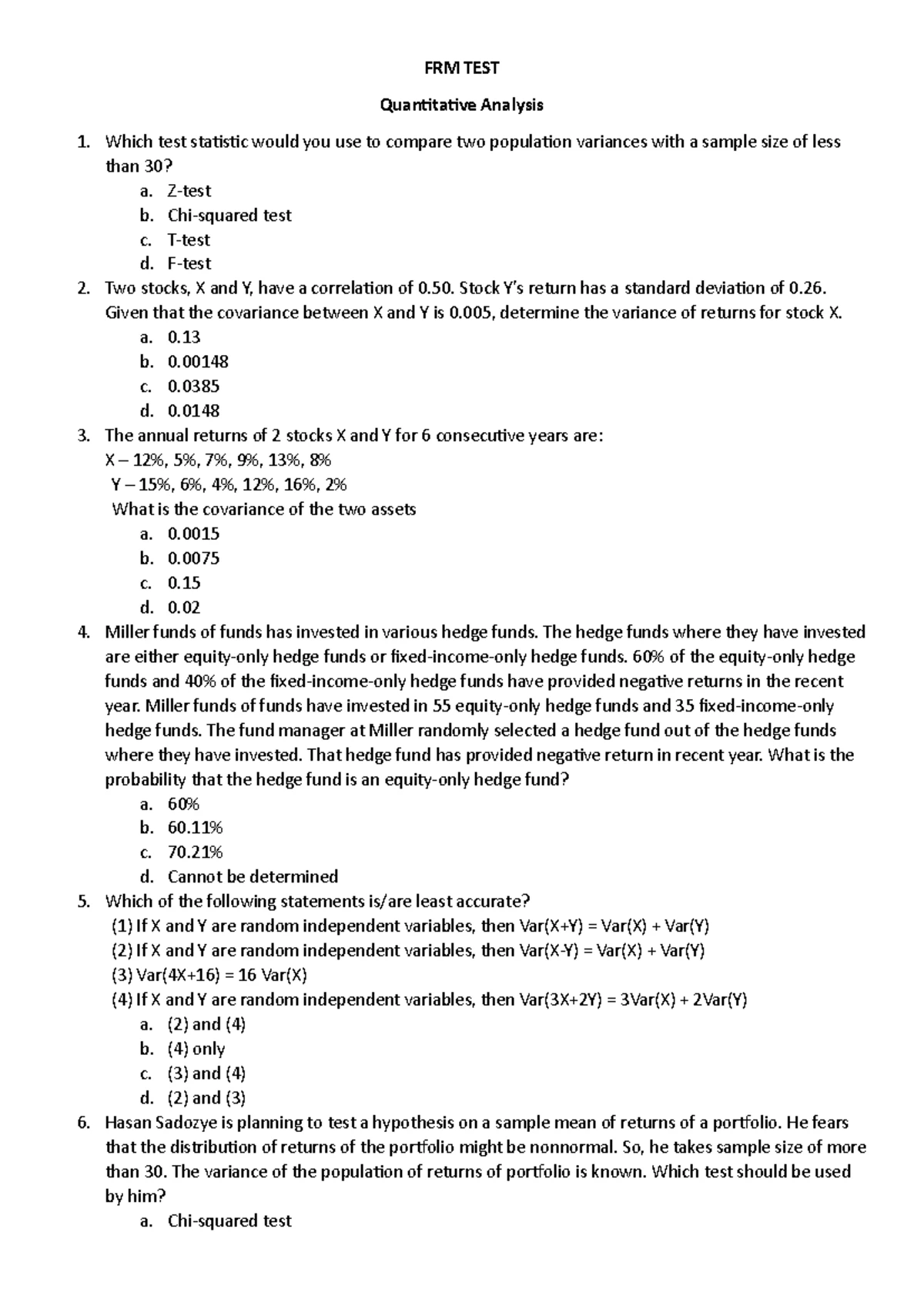 FORM TEST FRM 2024 - Practice Questions on Risk Management Concepts ...