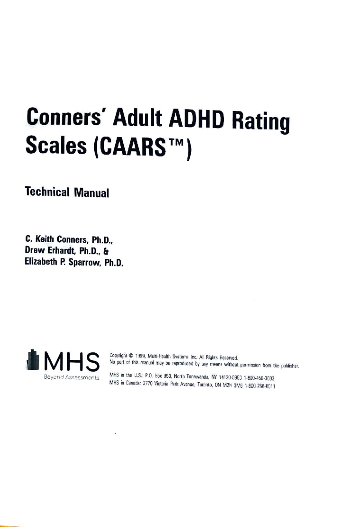 Adult ADHD Rating Scales (CAARS) Technical Manual Overview - Studocu