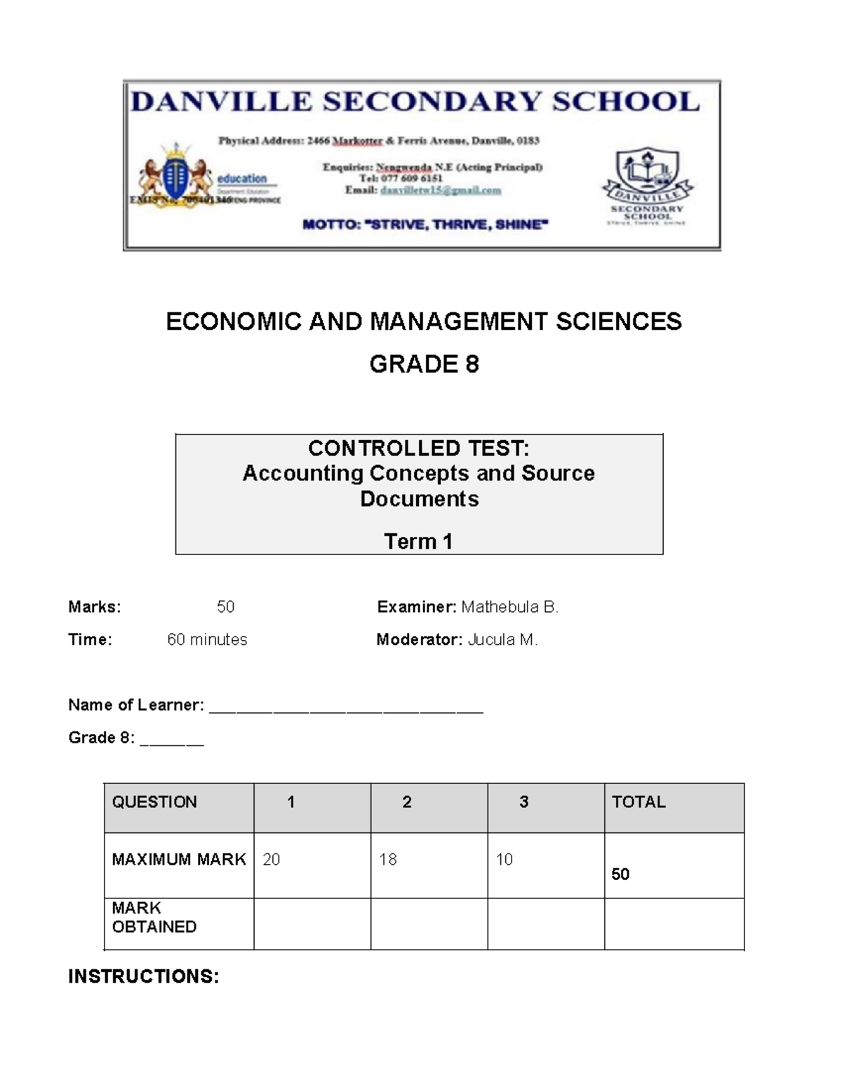 EMS 2026 Grade 8 - Term 1 Controlled Test: Accounting Concepts - Studocu