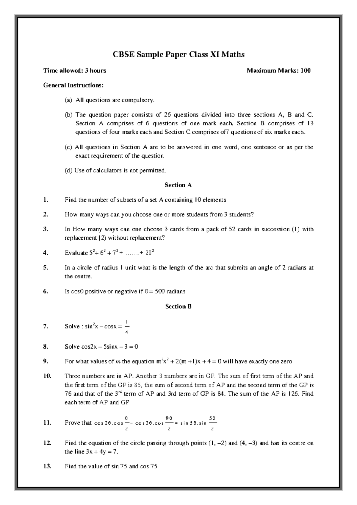 Math paper - bbhj - CBSE Sample Paper Class XI Maths Time allowed: 3 ...