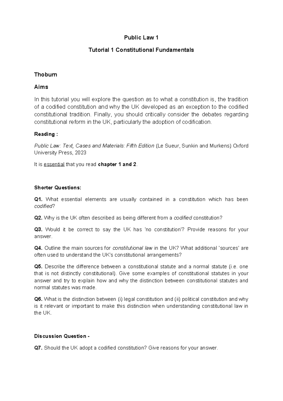 Public Law 1 - Tutorial 1: Understanding UK's Constitutional Framework ...