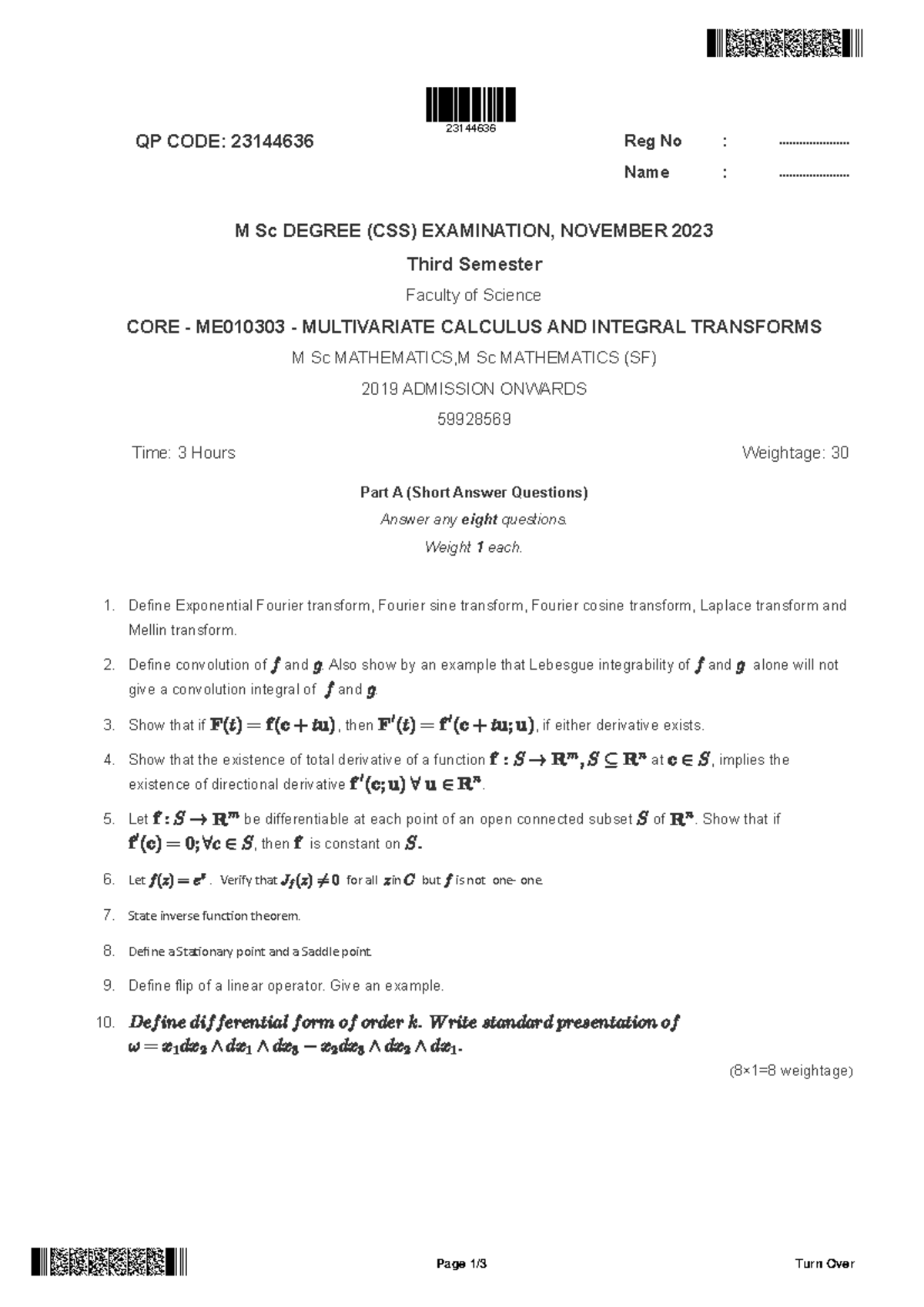 23144636 - PYQ for M Sc (CSS) Multivariate Calculus Exam, Nov 2023 ...